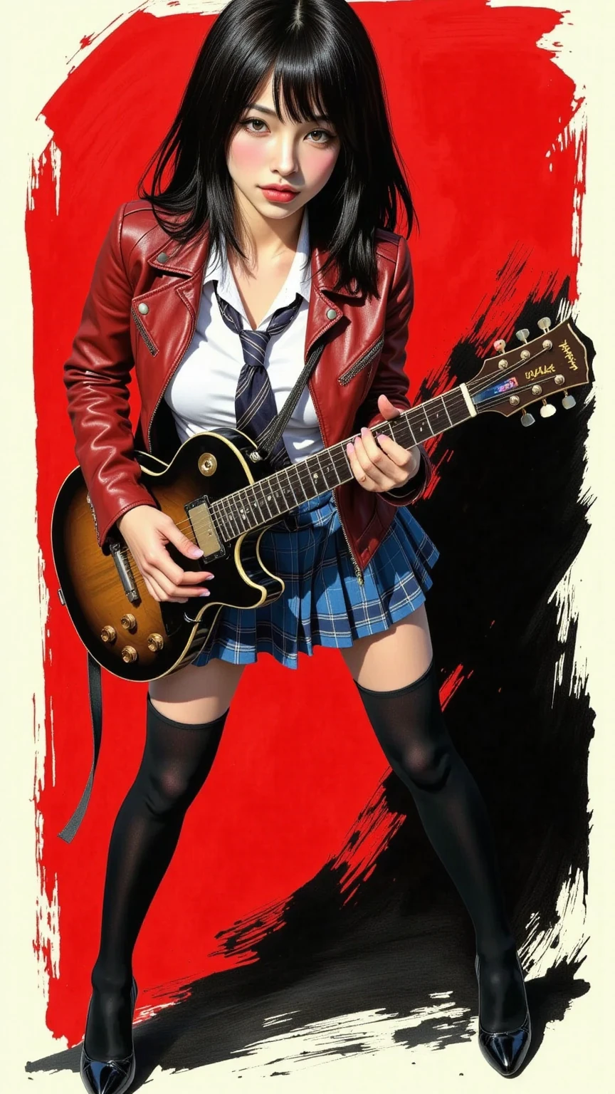 A alluring female playing a guitar, black hair, direct gaze, charismatic, red leather jacket, white collared shirt, blue plaid pleated skirt, school tie, black thigh high sock, stiletto, cleavage, small breasts, thighs, standing, legs slightly apart, full body, dynamic angle, red brush strokes background, ink art piece, dark, moody, poster, minimalistic, drkfnts style