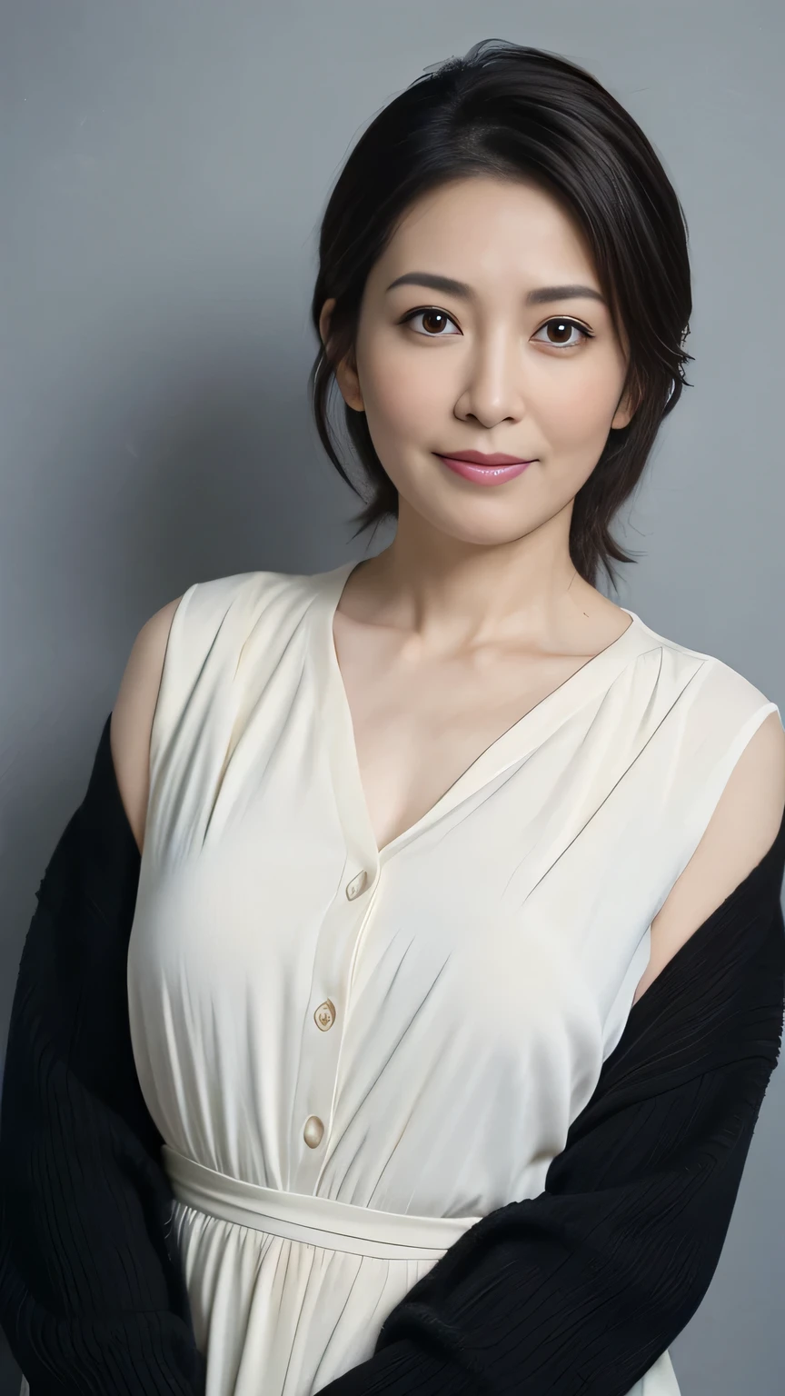 Masterpiece,Best quality, (maam. clerk:1), ((Portrait:1.3)), Cross arms,Huge room,Chest straight,Tall, Smile,Crane pattern deep V-neck ice silk slip nightdress,Long white legs,Plain transparent sandals,skin hyper-detail,Clear pores,in a panoramic view,Cocked buttocks,No underwear,Beautiful young Japanese woman over 50 years old, Perfect face, Fantastic look, (Detailed facial features), Clean and nice face,