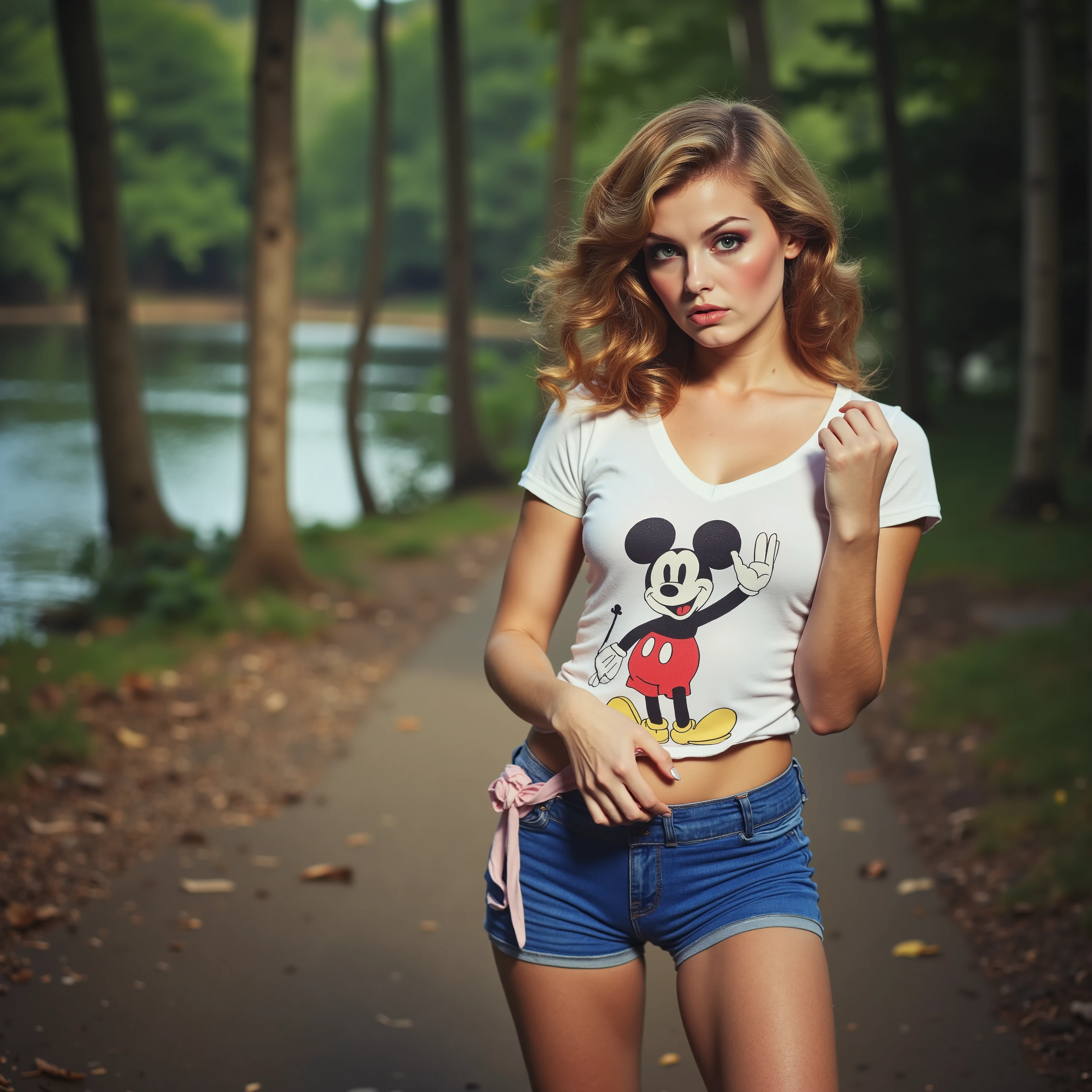 25 year old Sexy Canadian woman, medium perky breast, dark blonde hair, white midriff t-shirt with vintage Mickey Mouse drawing ,blue yoga shorts,,Radiant skin, dramatic lighting, style pin-up, sexual, seductor, , colorful , Masterpieces, Illustrated, Radiant skin, detailed face, medium breast. illustrations by Zoe Mozert, Vintage pin app, The girl from the poster in the style of pin-up, Pin up, pin-up girl, detailed face, detailed hands, Detailed legs,full body shot, from a distance, in a scary forest with a lake, summer camp themed, hard nipples, posing sexy,
Short Hair, Brown Hair, Messy Hair, Low Ponytail, yoga shorts, full body portrait, from a distance