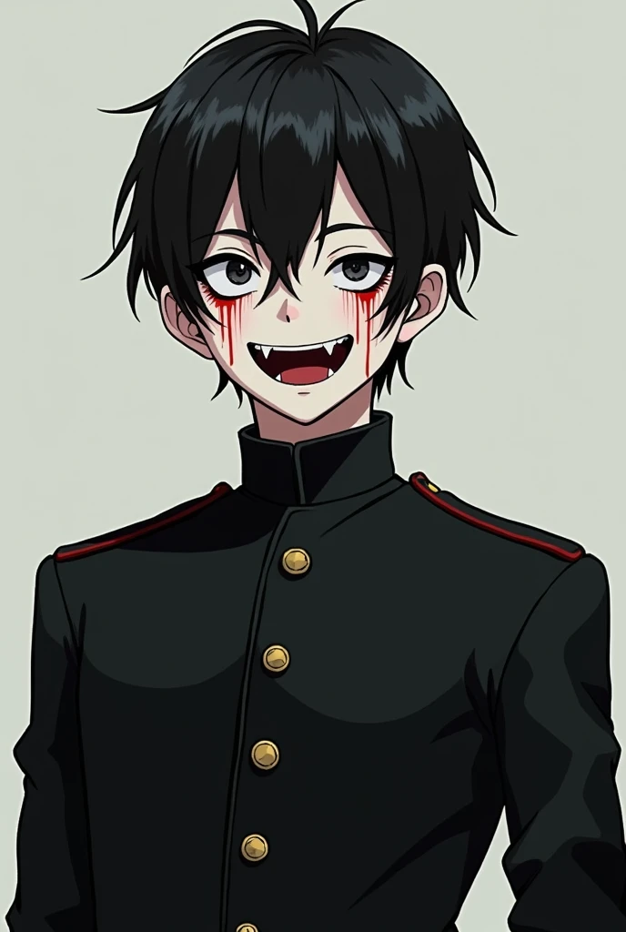 A tall black-haired boy who wears a happy face mask but with bloodstains on the cheeks of the mask and wears an anime-style elite black military suit