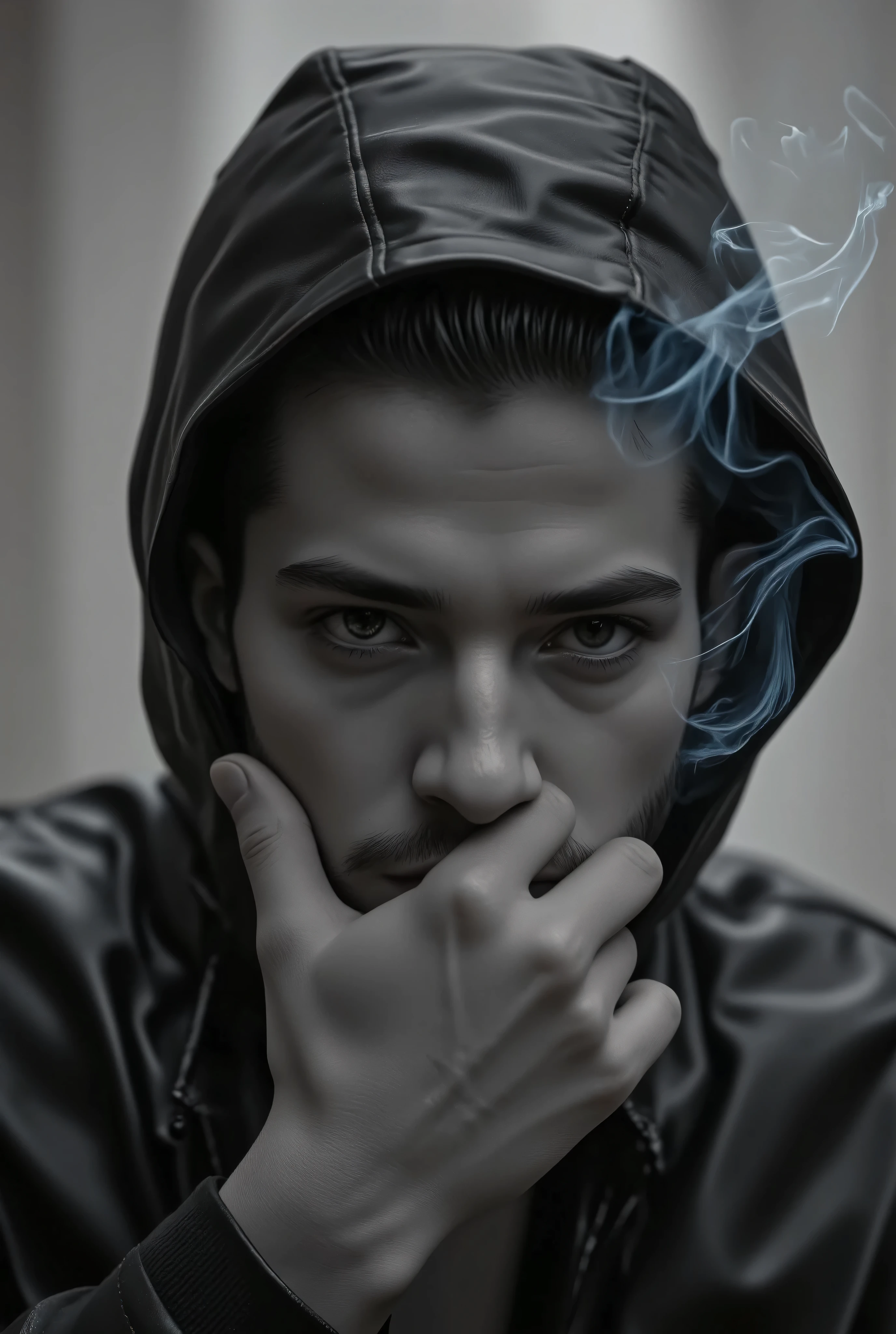 a close up of a hooded man smoking a cigarette, a black and white photo of Daniel Gelon , tumblr, fine arts, pose dramática smoking, thick Smoking around you , Smoking around you , orelsan, intense burning , Heavy smoke , smoking, with cigarette, ele está smoking um cigarro, smoke from the mouth , Blowing smoke,