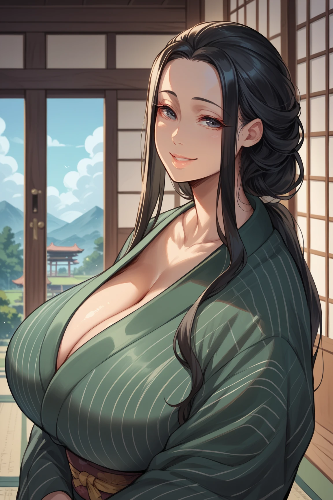 mm,mature female,1girl,solo,black hair,huge breasts,long hair,kimono,upper body, looking at viewer, smile,indoors