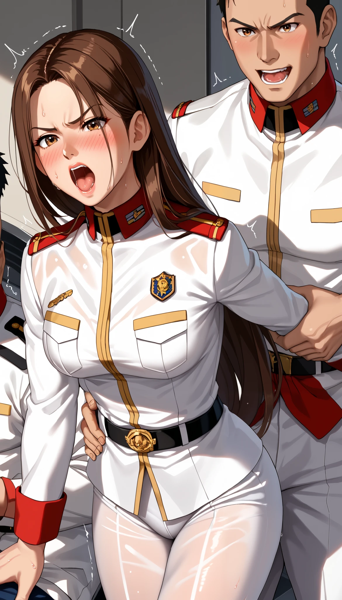 DOALeiFang, LeiFangDOA, girl:2.0, uniform, smooth white tight clothing, girl wearing wet white uniform, partially undressed, gasp, Captured by men:1.8, Captive, Surrounded by men:1.5, Attacked by men:1.7, Many men:1.5, Man grabs her arm:1.6, Man attacks from behind:1.7, Man grabs her leg:1.5, Men Swarm 1:5, Man hands on her waist:1.8, be breathless, sweat, sparkling sweat, trembling, (long brown straight hair:1.4), brown eyes, breasts, [[angry]], blush, {anguish}, {{shameful}},