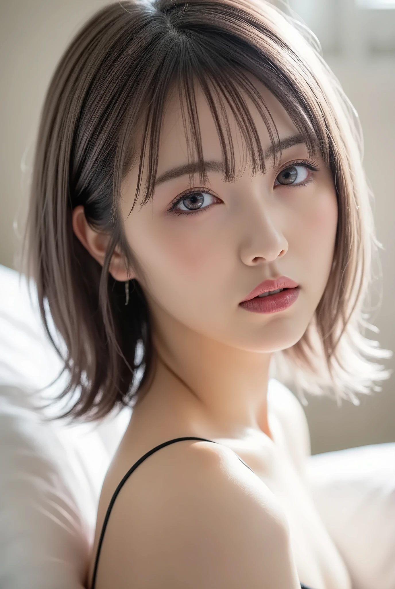 Attractive Japanese Beauties Wearing Transparent Clothes, 1 woman、 chest close-up 、 small, flat chest 、Beautiful Makeup、Neikit、Short bob cut for gray hair、
