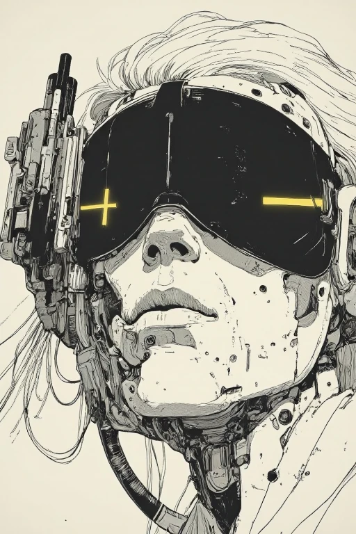 A close-up sketch of a cyberpunk man with a black blindfold, holding a pistol in his hand. Half of his face is mechanical, featuring intricate cybernetic details. The drawing is in a black and white rough manga style, inspired by Kentaro Miura and Sugimura Jihei, with sharp and expressive linework. The composition emphasizes the gun and the tension of the moment, reminiscent of the dynamic style seen in 'Black Lagoon' and 'Trigger' anime. The character has an intense expression, with the raw and detailed aesthetic of classic manga illustrations