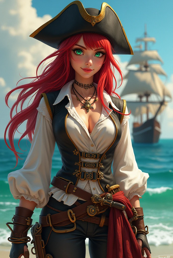 A tall girl with brown skin and orange hair in a long braid, His eyes are a little slanted, she is a pirate