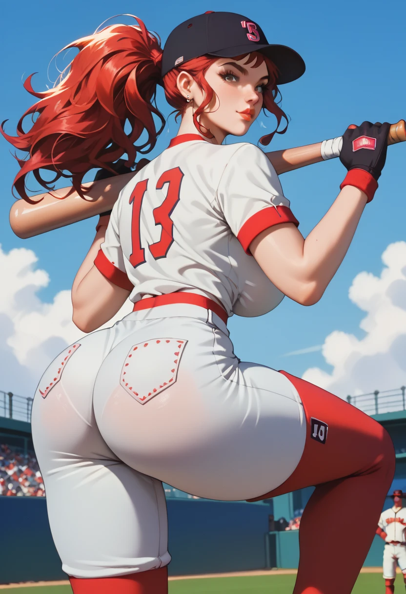 gorgeous, (masterpiece: 1.2), (best quality: 1.2), perfect eyes, perfect face, perfect lighting, 1girl, ass, back, chest on back, baseball cap, black panties, breasts, brown hair, short top, cutoffs, jeans, jeans shorts, facing away, back, hat, high leg, high leg panties, long hair, medium groove, large breasts, microshorts, panties, ponytail, short shorts,  shorts, sideboob, simple bottom, solo, tank top, thighs, thong, underboob, underwear, field, grass, catwalk, huge ass, wide hips, arms at the side, redhead, red hair,