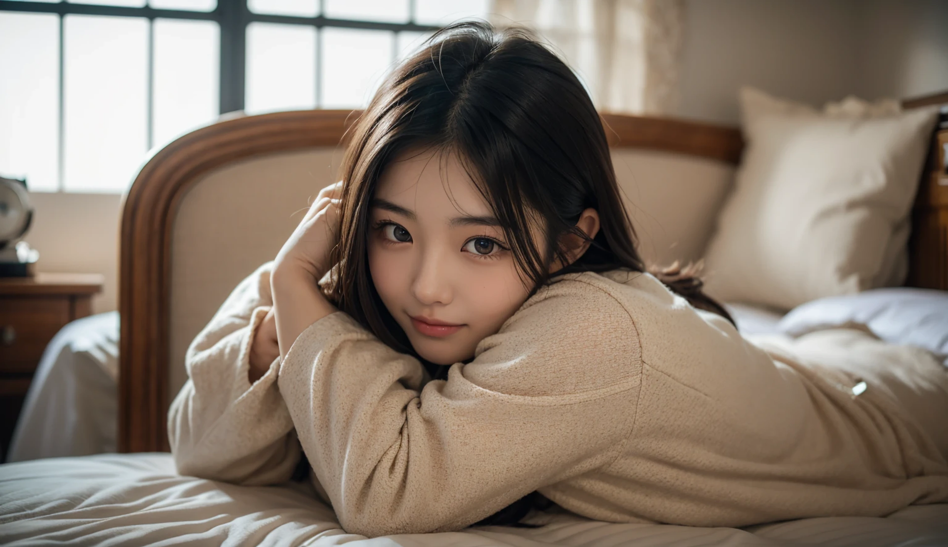 Super close-up, 20-year-old, young Japanese girl is sitting on a bed, sitting cross-legged, Black hair, Cute pajamas, Surprised expression, Rustic Bedroom,
