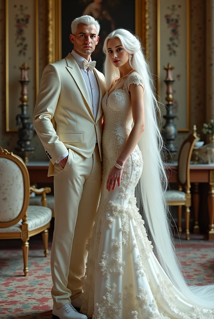 Create a high-resolution image of Barbie and Ken, both of Asian descent, in luxurious settings such as a historic palace in Paris with opulent interiors, a modern skyscraper in Dubai with panoramic city views, or a serene lakeside mansion in Switzerland with picturesque landscapes. Barbie should be dressed in regal attire inspired by the Regency era, featuring empire waist dresses, intricate lace details, and elegant gloves from brands like Alexander McQueen, Ralph Lauren, and Vivienne Westwood. Ken should be in period-appropriate formal wear, such as tailcoats, waistcoats, and cravats from bespoke tailors or high-end designers. The photograph should emulate the editorial style of high-end fashion magazines such as Vogue or Harper's Bazaar, with edgy and high-fashion poses: Barbie gracefully descending a grand staircase or sitting with poise in a luxurious drawing room, and Ken standing with a dignified air by a fireplace or posing thoughtfully by a large window. The lighting should be soft and diffused to enhance elegance and sophistication, with a classic and timeless color palette to reflect luxury and historical grandeur. The composition should focus on the detailed clothing and accessories, with a slightly blurred background to maintain attention on the models. Apply a filter that enhances subtle, soft tones for a refined, luxurious finish, and include text in a classic and elegant font to mimic fashion magazine covers, with titles like "Regal Splendor" and "Timeless Elegance."