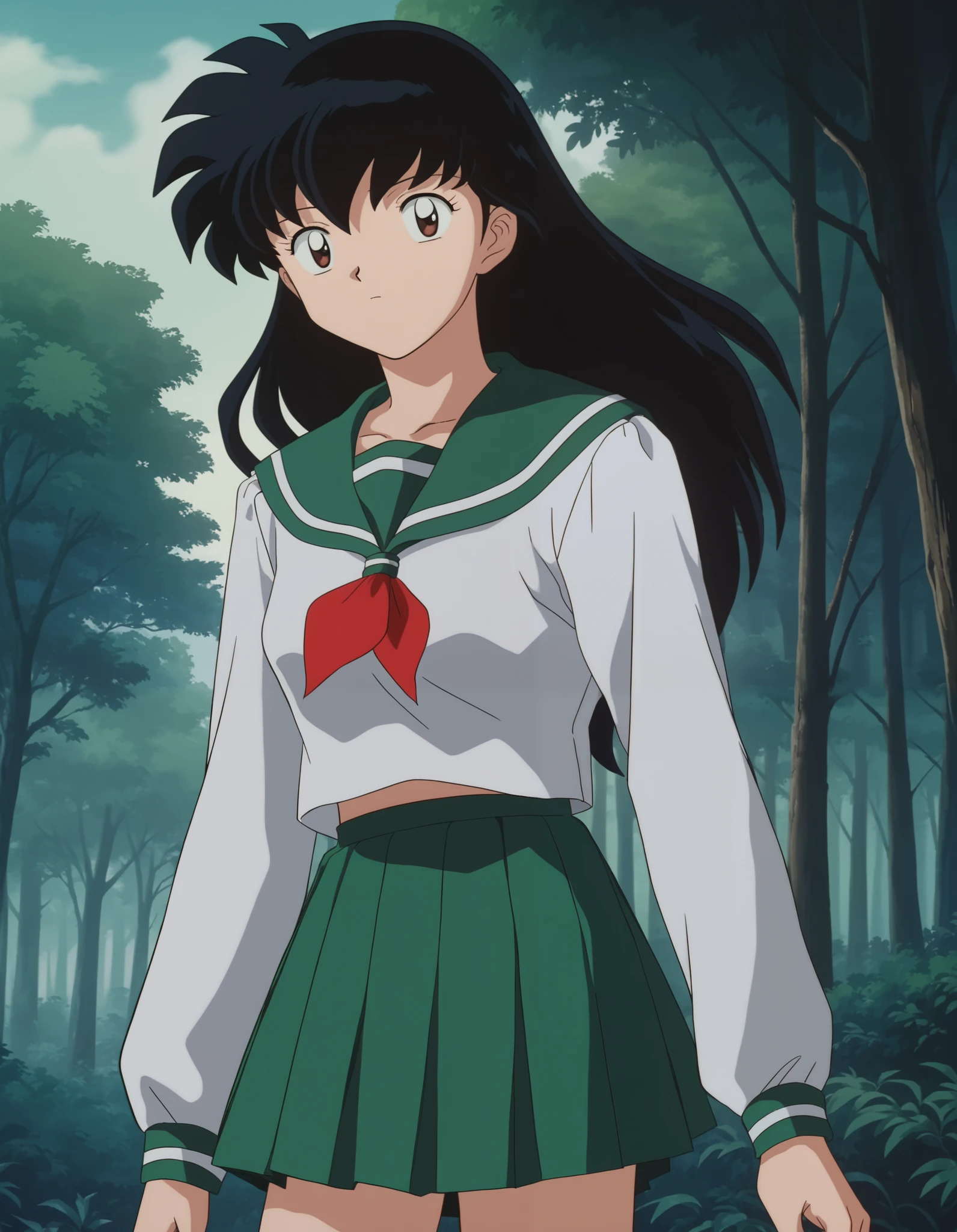 score_9, score_8_up, score_7_up, source_anime,
kagomehigurashi, kagome higurashi, long hair, black hair, retro artstyle, brown eyes,
skirt, shirt, long sleeves, school uniform, white shirt, pleated skirt, serafuku, sailor collar, neckerchief, green skirt, red neckerchief,
outdoors, forest, nature,
looking at viewer,