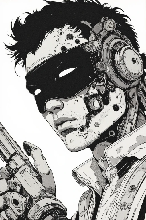 A close-up sketch of a cyberpunk man with a black blindfold, holding a pistol in his hand. Half of his face is mechanical, featuring intricate cybernetic details. The drawing is in a black and white rough manga style, inspired by Kentaro Miura and Sugimura Jihei, with sharp and expressive linework. The composition emphasizes the gun and the tension of the moment, reminiscent of the dynamic style seen in 'Black Lagoon' and 'Trigger' anime. The character has an intense expression, with the raw and detailed aesthetic of classic manga illustrations