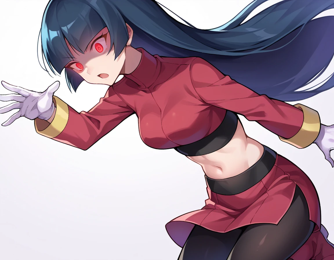 <lora:Fredd:1> 1girl, standing pose, solo, black pants, pony tail hair, red eyes,