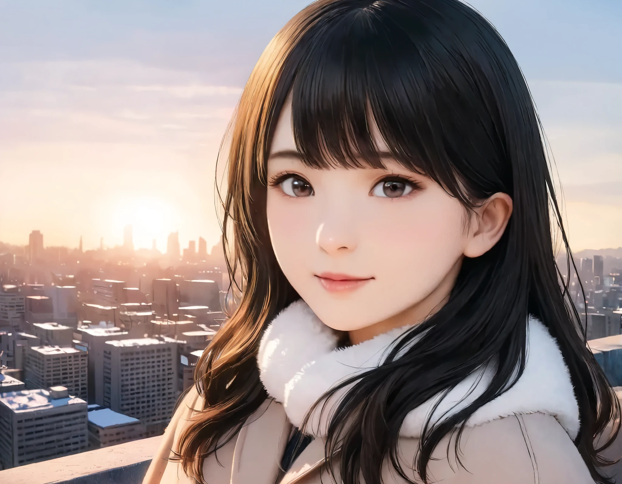 (best quality, 8k, high resolution:1.2), 1girl, city, winter, morning sunshine, upper body