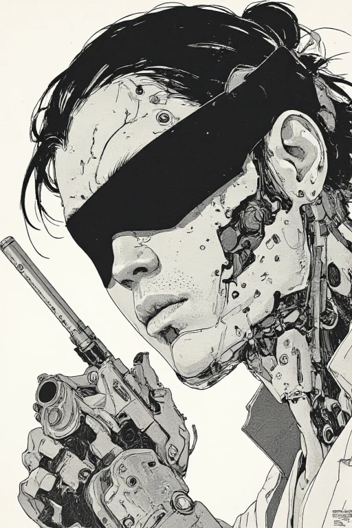 A close-up sketch of a cyberpunk man with a black blindfold, holding a pistol in his hand. Half of his face is mechanical, featuring intricate cybernetic details. The drawing is in a black and white rough manga style, inspired by Kentaro Miura and Sugimura Jihei, with sharp and expressive linework. The composition emphasizes the gun and the tension of the moment, reminiscent of the dynamic style seen in 'Black Lagoon' and 'Trigger' anime. The character has an intense expression, with the raw and detailed aesthetic of classic manga illustrations