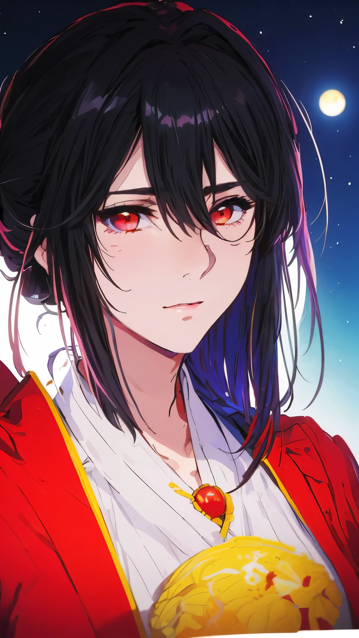 professional artwork, complex parts, field of view, Sharp Focus, Detailed painting, Photorealistic lighting, Trends on Pixiv, standing, Side_orgasm, long black hair, sleek low bun, voluminous hair, red eyes, draw up, 20 years, mature woman, pale skin, Beautiful fingers, Beautiful long legs, beautiful body, Beautiful nose, Beautiful character design, perfect detail eyes, perfect face, look at the viewer, formal art, extremely detailed CG Unity 8k wallpaper, perfect lighting, colorful, bright_FRONT_face_Light masterpiece: 1.0), (Best_Quality: 1.0), сверхa high resolution, Ultra detail, Hyper detail, photographic, 8K, HDR, a high resolution, absurd: 1.2, Kodak Portrait 400, granularity , blurred background, hips: 1.2, highlight correctly_color: 1.2) (Beautiful, big_pectoral muscles: 1.4), (Beautiful_face: 1.5), (narrow_waist), (solo: 1.4), ( (Upper body, half of the body:1,4) ), sort, the girl is dressed in black hanfu,  against the background of the night sky, blood moon in the sky, girl is dressed in yukata, full black yukata, 