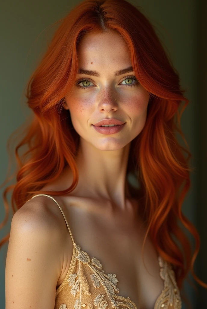 (Realistic photo of a beautiful woman, 35 years old, naked, grey eyes, full full lips, red hair, long curly hair, curls, tanned skin, jewellery, realistic, soft lighting, professional photography, photorealistic, detailed, RAW, sharp focus, ultra-high resolution, best quality, masterpiece, (best quality, high-resolution, ultra-detailed:1. 2), HDR, bright colours, curvy, sexy,  earrings, 
