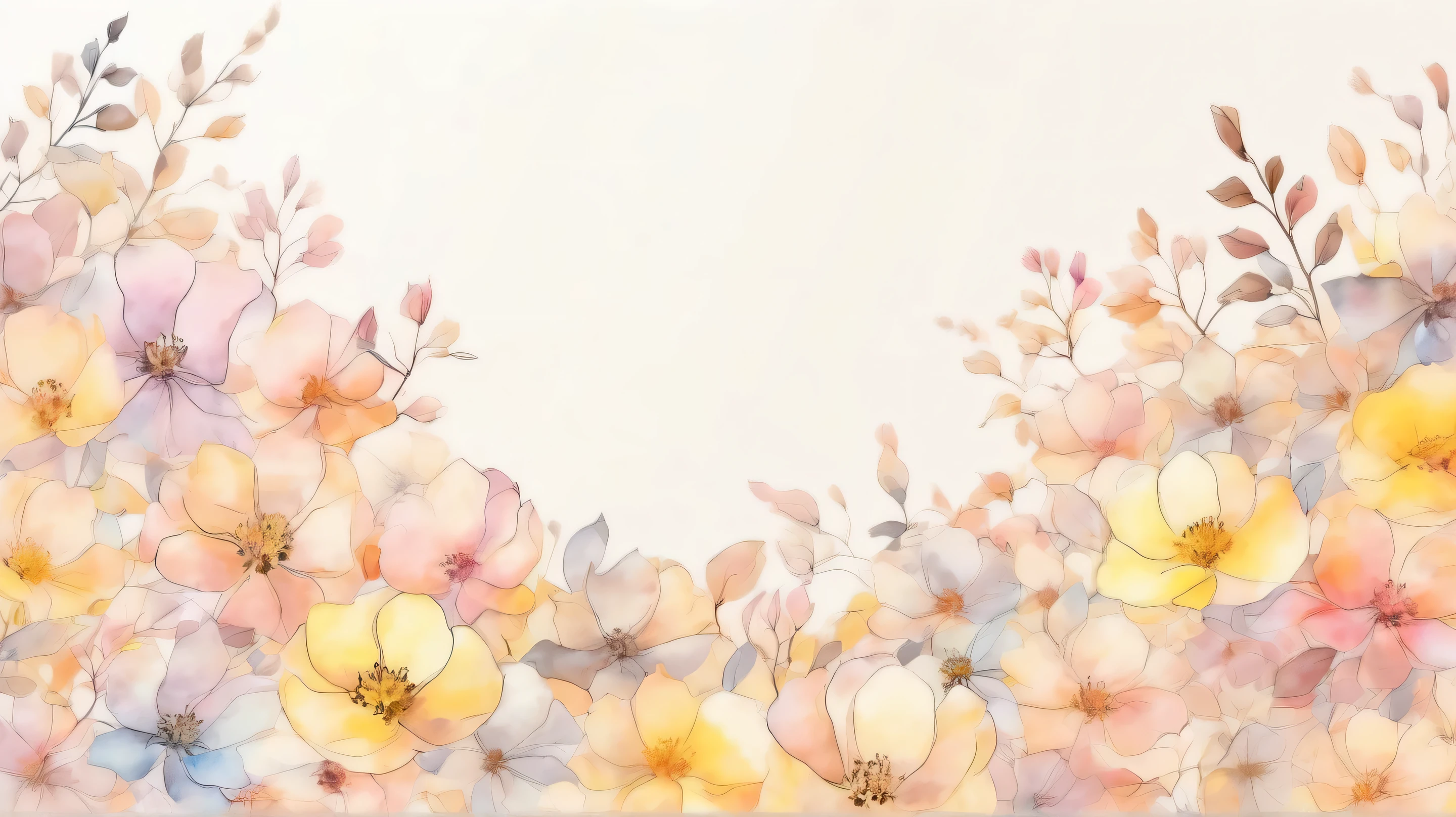 pale watercolor drauflower background 。only petals 。 no leaves or stems。Petals spread all over and 、 filled with petals 。 are mainly gentle pastel colors、 transparent light tones spread 。The background has a soft gradation 、brown、Yellow harmonizes 。 various sizes 、 bleeding outlines 。 with a soft and delicate atmosphere throughout 、 serene and dreamy art style。