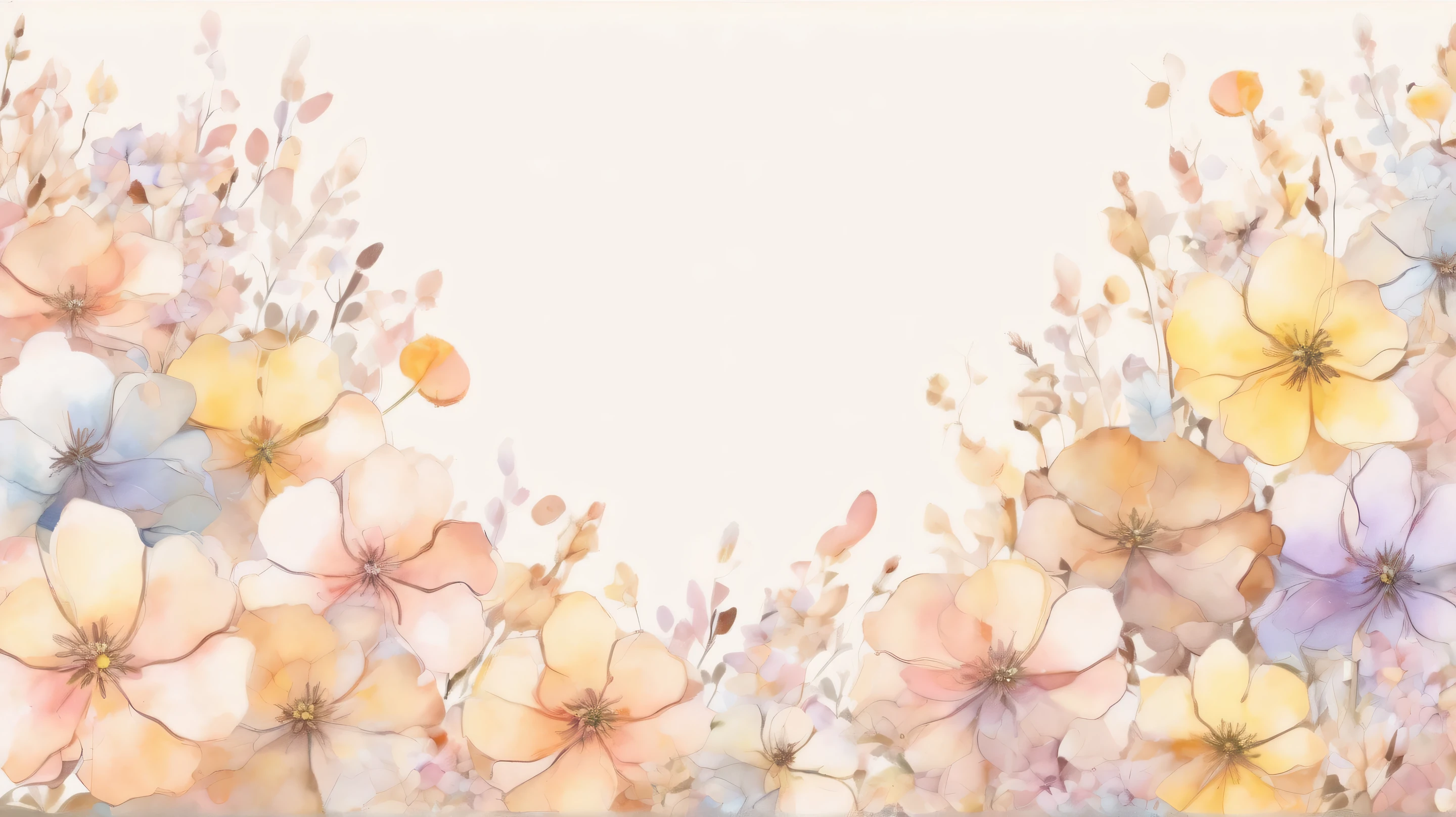 pale watercolor drauflower background 。only petals 。 no leaves or stems。Petals spread all over and 、 filled with petals 。 are mainly gentle pastel colors、 transparent light tones spread 。The background has a soft gradation 、brown、Yellow harmonizes 。 various sizes 、 bleeding outlines 。 with a soft and delicate atmosphere throughout 、 serene and dreamy art style。