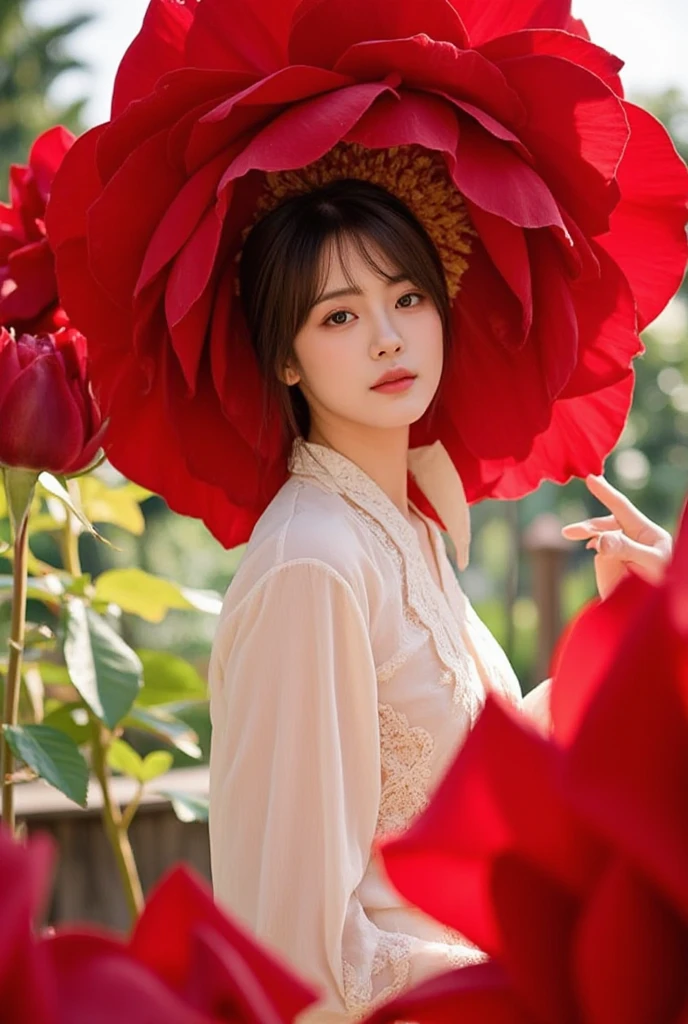  A serene and graceful scene featuring a young thai woman in an ethereal, light-colored outfit, perhaps in soft whites, creams, or pale pastels, that enhance her delicate and natural beauty. Her expression is calm, exuding a sense of tranquility as she stands gracefully amidst a giant red rose in full bloom. The rose’s petals, vibrant and deep crimson, surround her, creating a striking contrast to her soft attire and adding a dramatic and enchanting focal point to the scene. The flower’s exaggerated size enhances a surreal, almost dreamlike quality, as if she is part of an otherworldly garden. The lighting is soft and glowing, creating a warm, natural ambiance that enhances the vibrant red tones of the rose and the delicate features of the woman. The overall composition feels serene, elegant, and filled with timeless beauty, capturing a sense of peace and a magical connection 