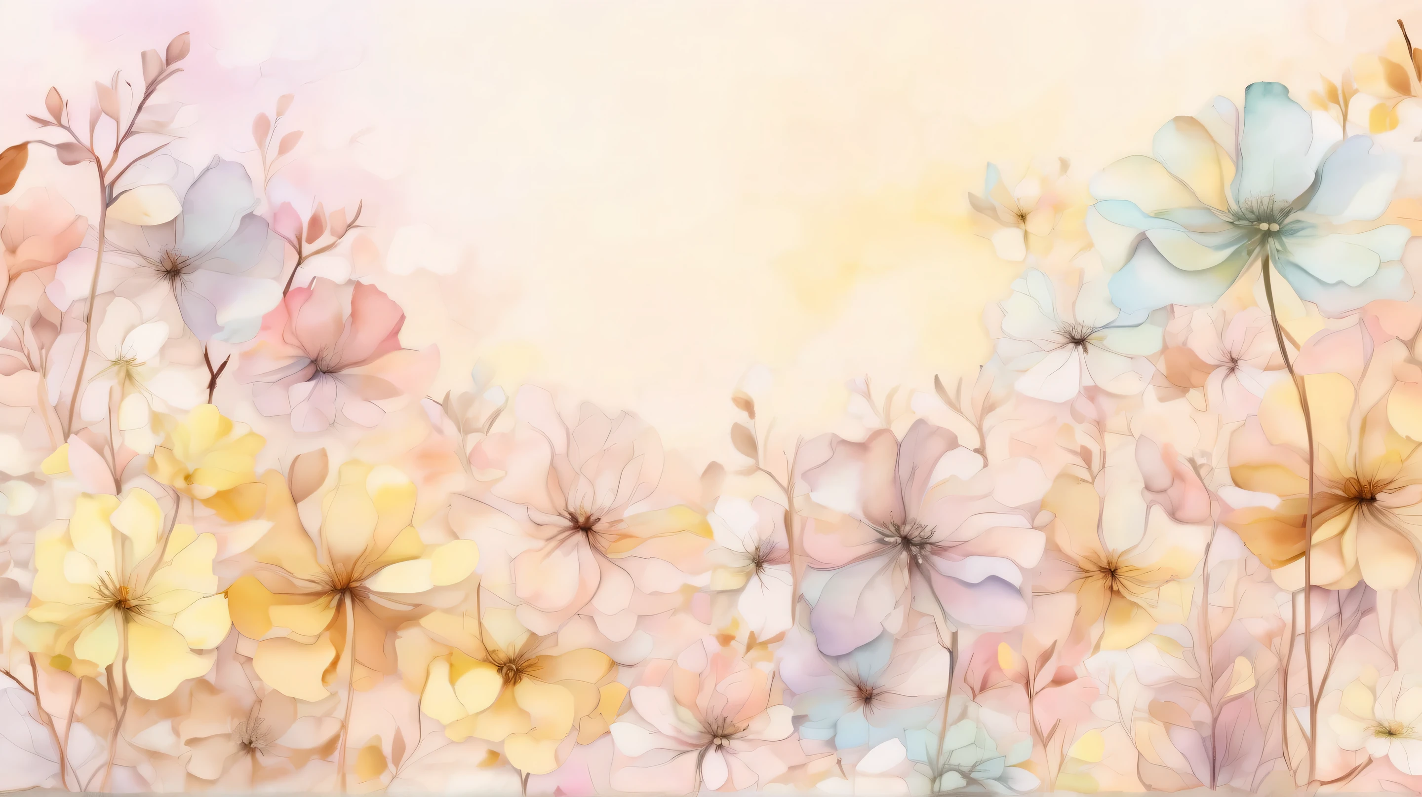 pale watercolor drauflower background 。only petals 。 no leaves or stems。Petals spread all over and 、The background is filled with petals。 are mainly gentle pastel colors、 transparent light tones spread 。The background has a soft gradation 、brown、Yellow harmonizes 。 various sizes 、 bleeding outlines 。 with a soft and delicate atmosphere throughout 、 serene and dreamy art style。