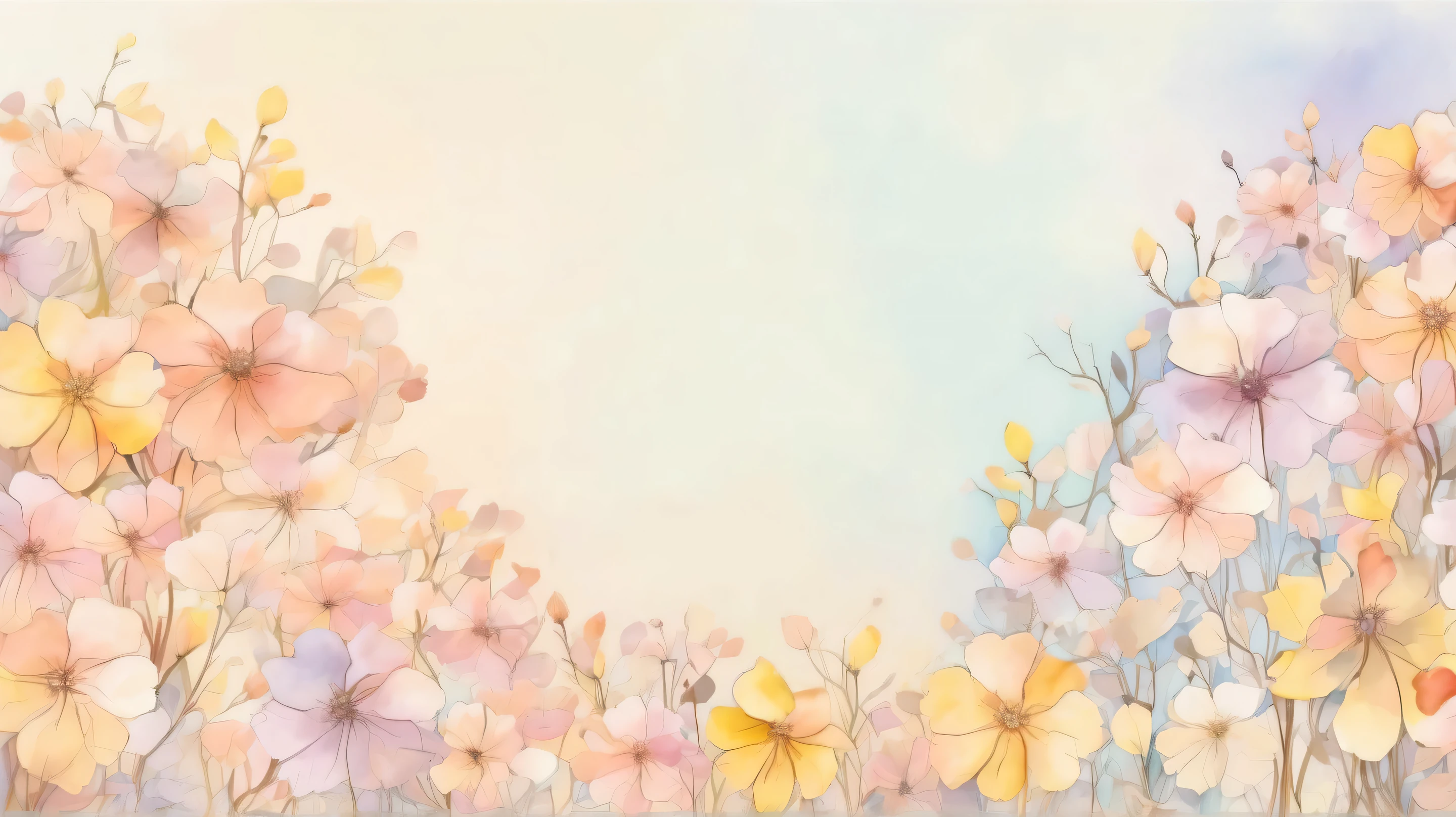 pale watercolor drauflower background 。only petals 。 no leaves or stems。Petals spread all over and 、The background is filled with petals。 are mainly gentle pastel colors、 transparent light tones spread 。The background has a soft gradation 、brown、Yellow harmonizes 。 various sizes 、 bleeding outlines 。 with a soft and delicate atmosphere throughout 、 serene and dreamy art style。