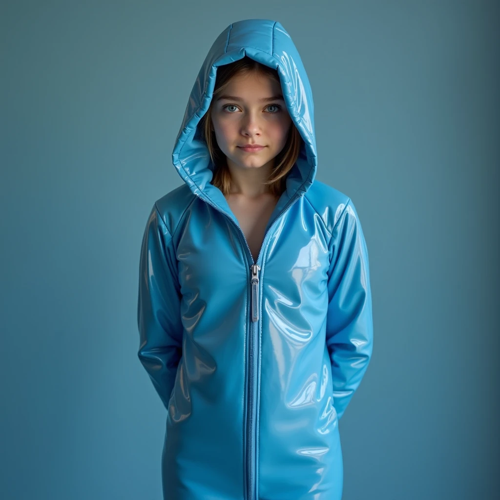 70s dark fantasy art, dungeons and dragões style, a girl with short blue hair, has brown eyes, wears a yellow raincoat, wears yellow boots along with a colorful sock, She has an angry expression, the background of this image is gray and dusty, This image is realistic , under the raincoat 