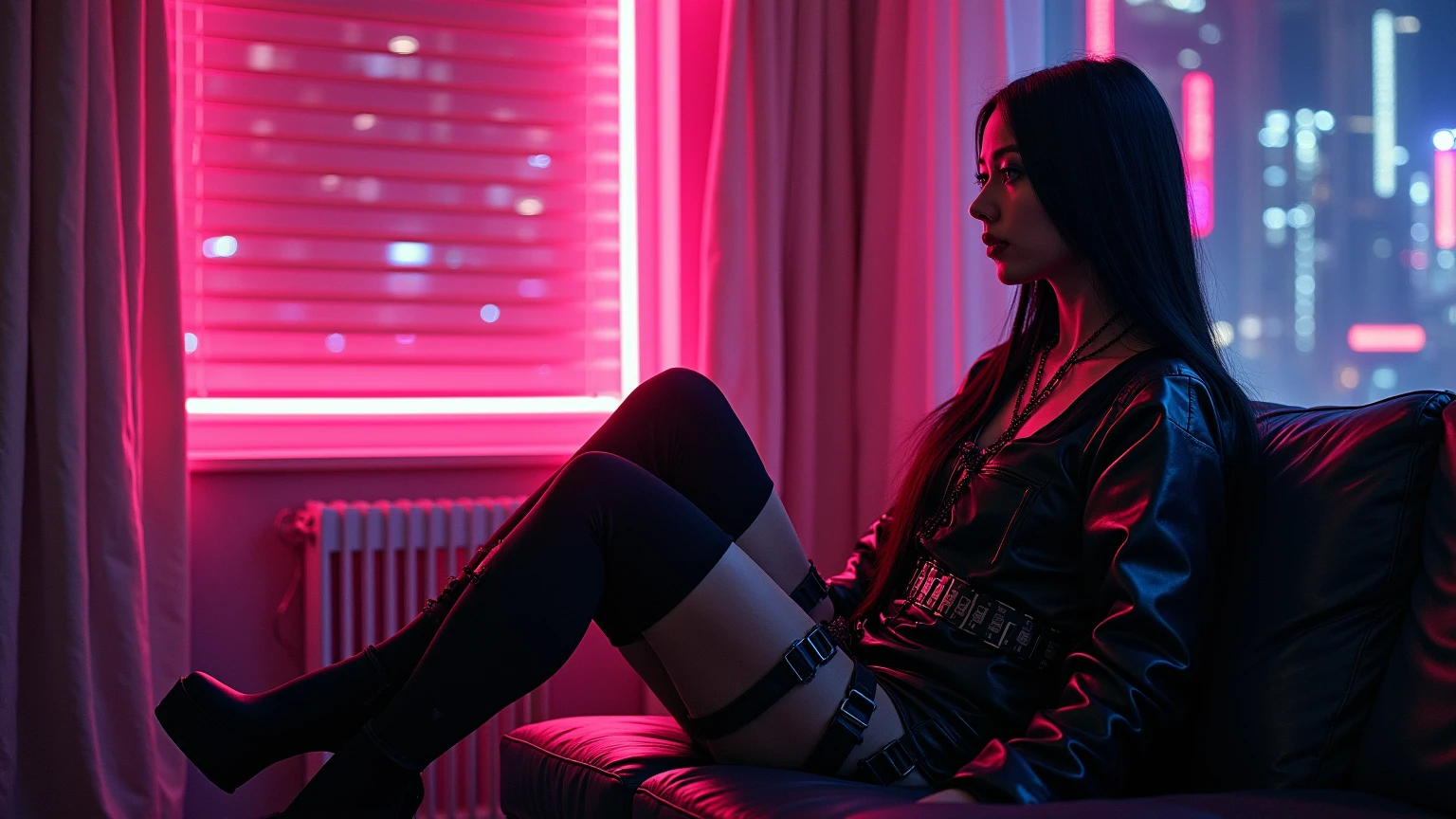 cyberpunk girl seductive pose leds light and shadow, ultra-realistic, 16K. 3D style, , Octane render, ray tracing, depth of field, super detail sitting on a chair in a cyberpunk room in a very sexy futuristic outfit with her legs crossed