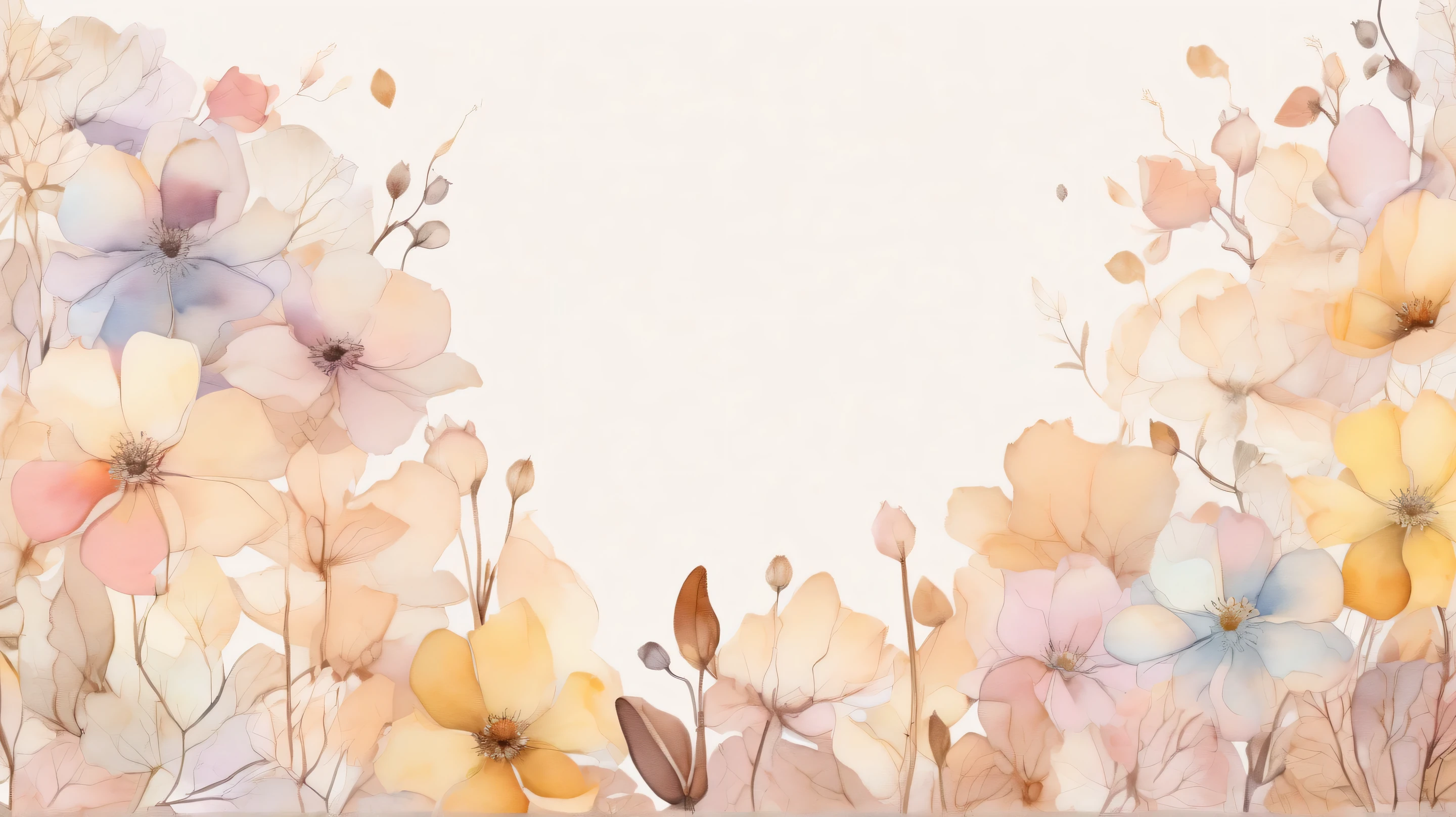 pale watercolor drauflower background 。only petals 。 no leaves or stems。Petals spread all over and 、The background is filled with petals。 with gentle pastel colors at the center 、 transparent light tones spread 。The background has a soft gradation 、brown、Yellow harmonizes 。 various sizes 、 bleeding outlines 。 with a soft and delicate atmosphere throughout 、 serene and dreamy art style。