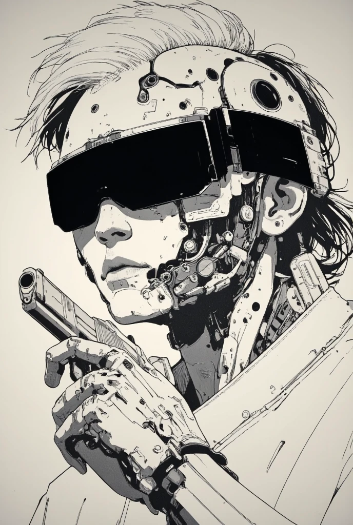 A close-up sketch of a cyberpunk man with a black blindfold, holding a pistol in his hand. Half of his face is mechanical, featuring intricate cybernetic details. The drawing is in a black and white rough manga style, inspired by Kentaro Miura and Sugimura Jihei, with sharp and expressive linework. The composition emphasizes the gun and the tension of the moment, reminiscent of the dynamic style seen in 'Black Lagoon' and 'Trigger' anime. The character has an intense expression, with the raw and detailed aesthetic of classic manga illustrations