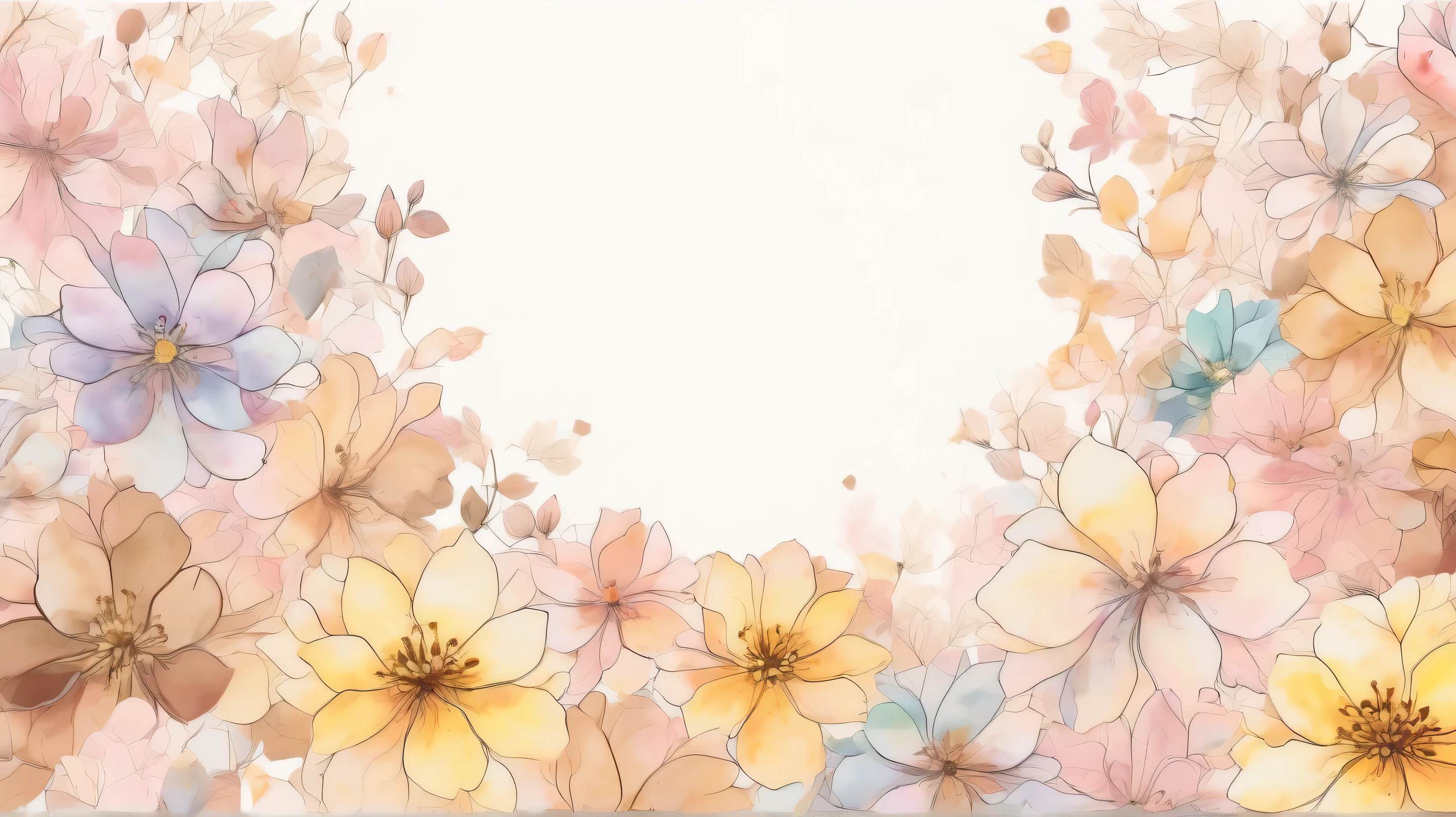 pale watercolor drauflower background 。only petals 。 no leaves or stems。Petals spread all over and 、The background is filled with petals。 with gentle pastel colors at the center 、 transparent light tones spread 。The background has a soft gradation 、brown、Yellow harmonizes 。 various sizes 、 bleeding outlines 。 with a soft and delicate atmosphere throughout 、 serene and dreamy art style。