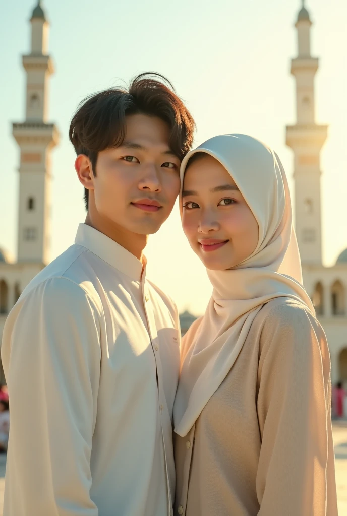 A woman in a pink hijab, a good figure wearing a bright white dress amidst the golden waves in the wheat yard. Hugged by an Asian man from behind, affectionate, smiling. The sunlight illuminates him in natural light. The photo was taken from a distance of approximately 5 meters, using a DSLR camera to capture every intricate detail of her enchanting appearance.