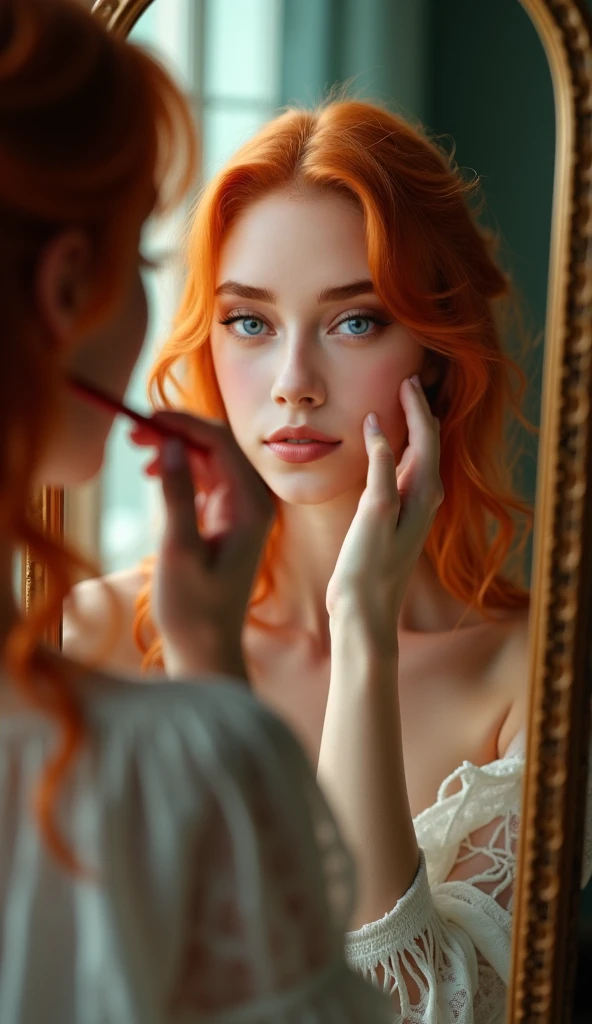 Woman with jellyfish-shaped hair wearing tracksuit, track top, jersey, drawing something under her eyes with a thin brush, looking in mirror, struggling,redhead,large breasts
