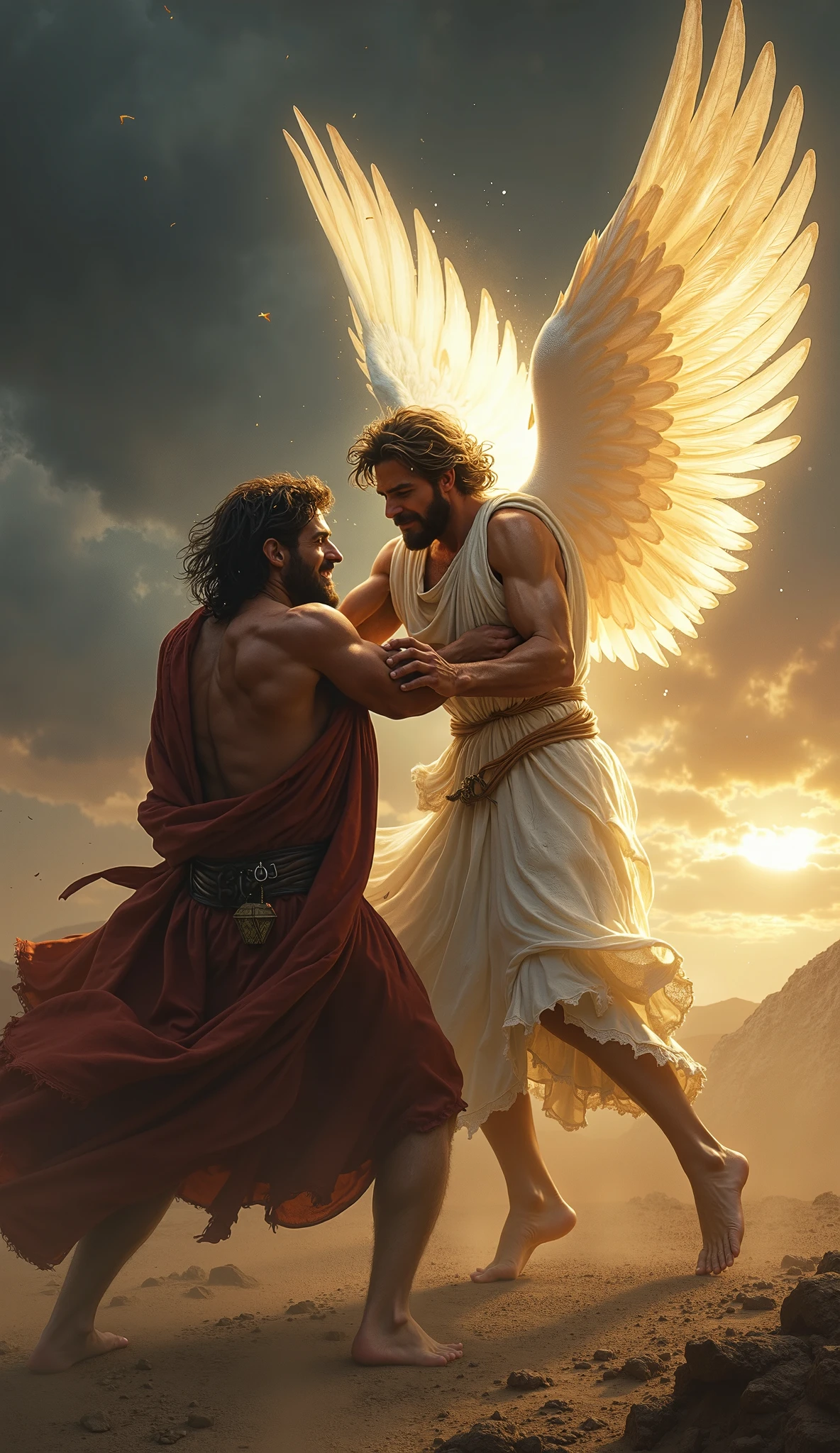 imageio: "Jacob fighting with the angel" Create a dramatic and intense scene of Jacob wrestling with an angel in a physical and spiritual battle. The image should capture the pivotal moment of the struggle during the night, with the dark sky and only the soft light of dawn beginning to appear in the background. detaileds: Action: Jacob and the angel are in a physical struggle, with tense muscles and the fighting stance suggesting a fierce clash. The angel must be touching Jacob's thigh, moving it, with a visible light at the point of contact, symbolizing transformation and pain.