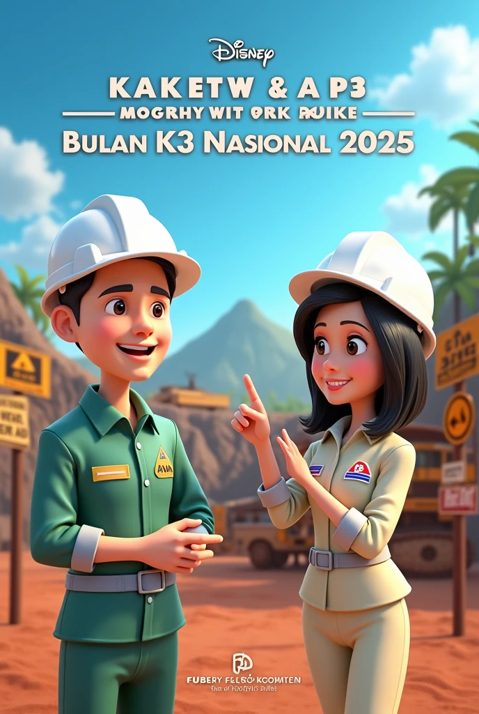 a 5D caricature of a short woman wearing a hijab and a tall Indonesian man wearing a headband with the inscription "Indonesia" 23 years old , smiling sweetly. Indonesia, Indonesian women and men wear red shirts with the inscription " Indonesia MV ", and white pants and black shoes is holding an August Indonesian flag. with a mountainous and lake backdrop. clear writing according to prompt