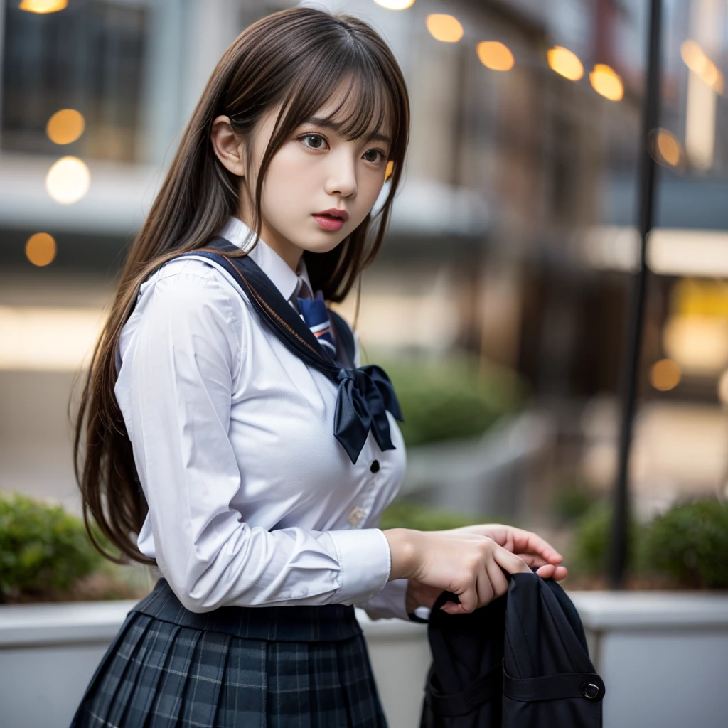 masterpiece, ultra high res, photorealistic, 8k, RAW photo, best quality, detailed shadow, finely detail, sharp focus, (bokeh:1.5) BREAK 1girl, (actress japanese high school girl), (18yo:1.5) BREAK irritated/irate, (cat eye:1), (perfect face:1), ((black)Absurdly Long Hair:1.6)), ((Straight Hair:1.2)), (bang:1.1), (gigantic breasts:1.3), (Busty breasts:1.3), (small nipples:1.3), (narrow waist:0.5), (abs:0.7), (glamorous:1.8) BREAK (tight School Uniform:1.8), (open clothes:1) BREAK school, (Cowboy Shot:1.3), (undressing:1.9)
