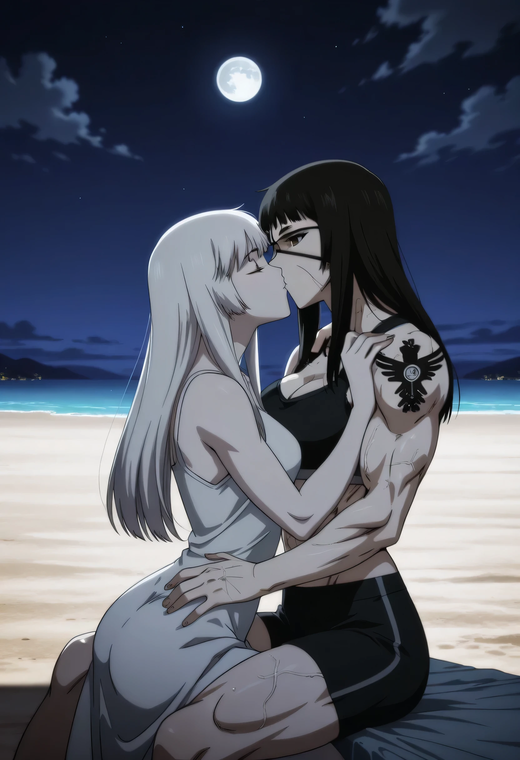 2girl,solo,mm,mature female,black hair,eyepatch,brown eyes,medium breasts,anime coloring,long hair,
muscular,black sport bra and black sport shorts,cowboy shot,beach, tattoo,
,masterpiece,best quality,amazing quality,having a penis,Valmet enjoy kissing,muscles detailed,muscles lines,pelvis muscles,Shining muscles,open legs, , white hair long hair girl with valmet,girl sitting on Valmet ,,lesbians,yuri,romantic yuri,girls love,girl skinny body,girl closed eyes,girl plush face,bodys stuck together,Valmet hands on girl ass,girl with beautiful Curves,girl hands around Valmet neck,girl not having any muscles girl kissing Valmet wets bodys,dynamic sex,,in night,moon,shadows on character's body,girl wearing white dress sleeveless