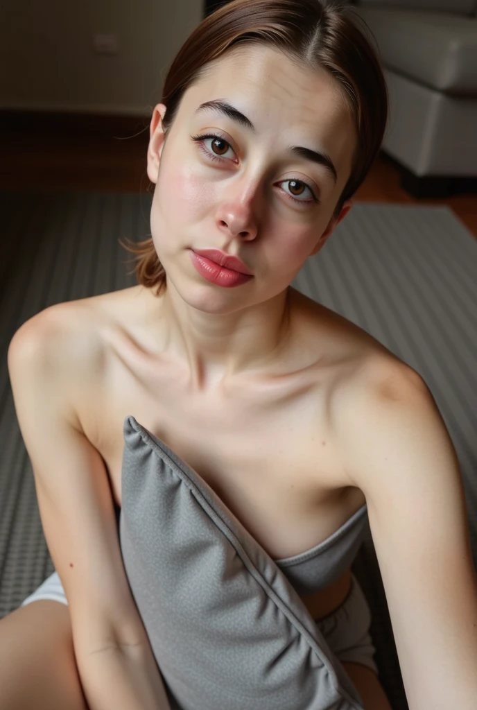 (best quality,hyper-realistic,ultra-detailed,8k), ager, fifteen years old, shy, sad, paleness, big blue eyes, very white skin, small nose, very short brown hair with bangs, melancholy, delicate, feminine, skinny, straddle in bed, short ponytails hairstyle, nude, naked, open leg, fountain, brilliant colors.