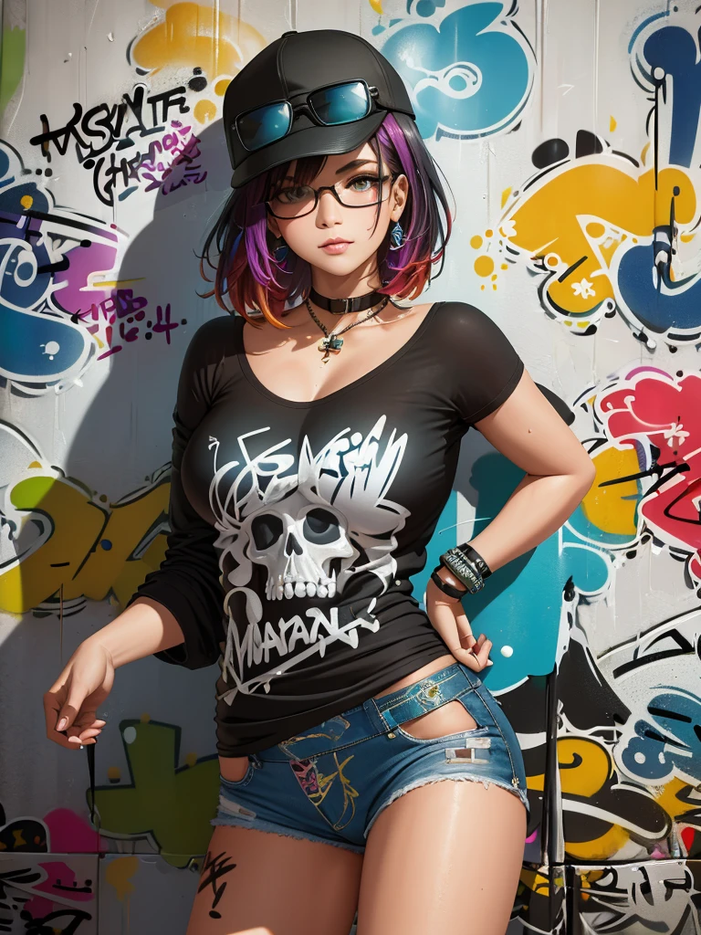 8K quality, watercolor painting, stylish design, (((The strongest beautiful girl of all time))), gal, Stylish sunglasses, Fashionable hats, (((highest quality))), bob hair, put your hand on the wall, HDR, Detailed details, skull fashion, detailed clothing texture, (((graffiti art))), colorful hair, ((masterpiece))、((Super detailed))