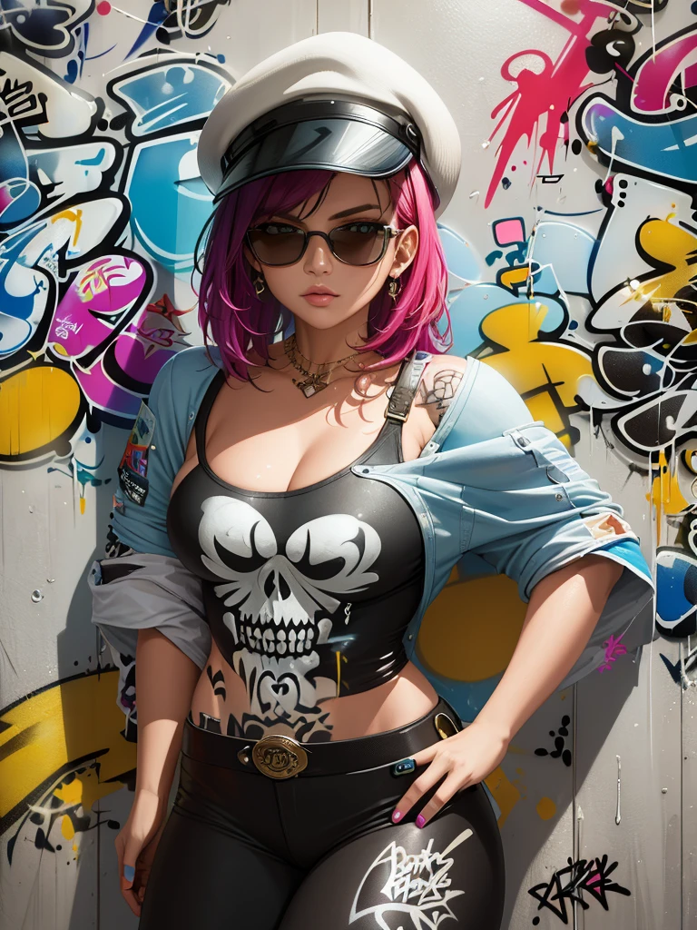 8K quality, watercolor painting, stylish design, (((The strongest beautiful girl of all time))), gal, Stylish sunglasses, Fashionable hats, (((highest quality))), bob hair, put your hand on the wall, HDR, Detailed details, skull fashion, detailed clothing texture, (((graffiti art))), colorful hair, ((masterpiece))、((Super detailed))