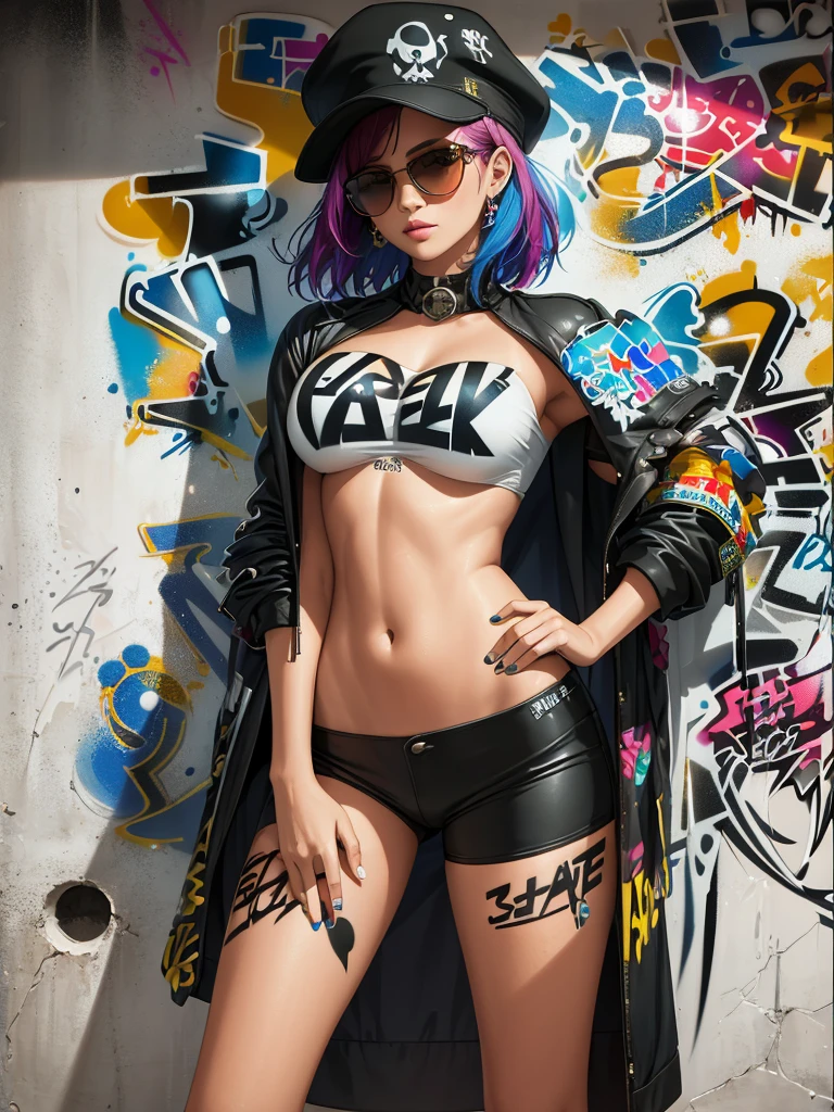 8K quality, watercolor painting, stylish design, (((The strongest beautiful girl of all time))), gal, Stylish sunglasses, Fashionable hats, (((highest quality))), bob hair, put your hand on the wall, HDR, Detailed details, skull fashion, detailed clothing texture, (((graffiti art))), colorful hair, ((masterpiece))、((Super detailed))