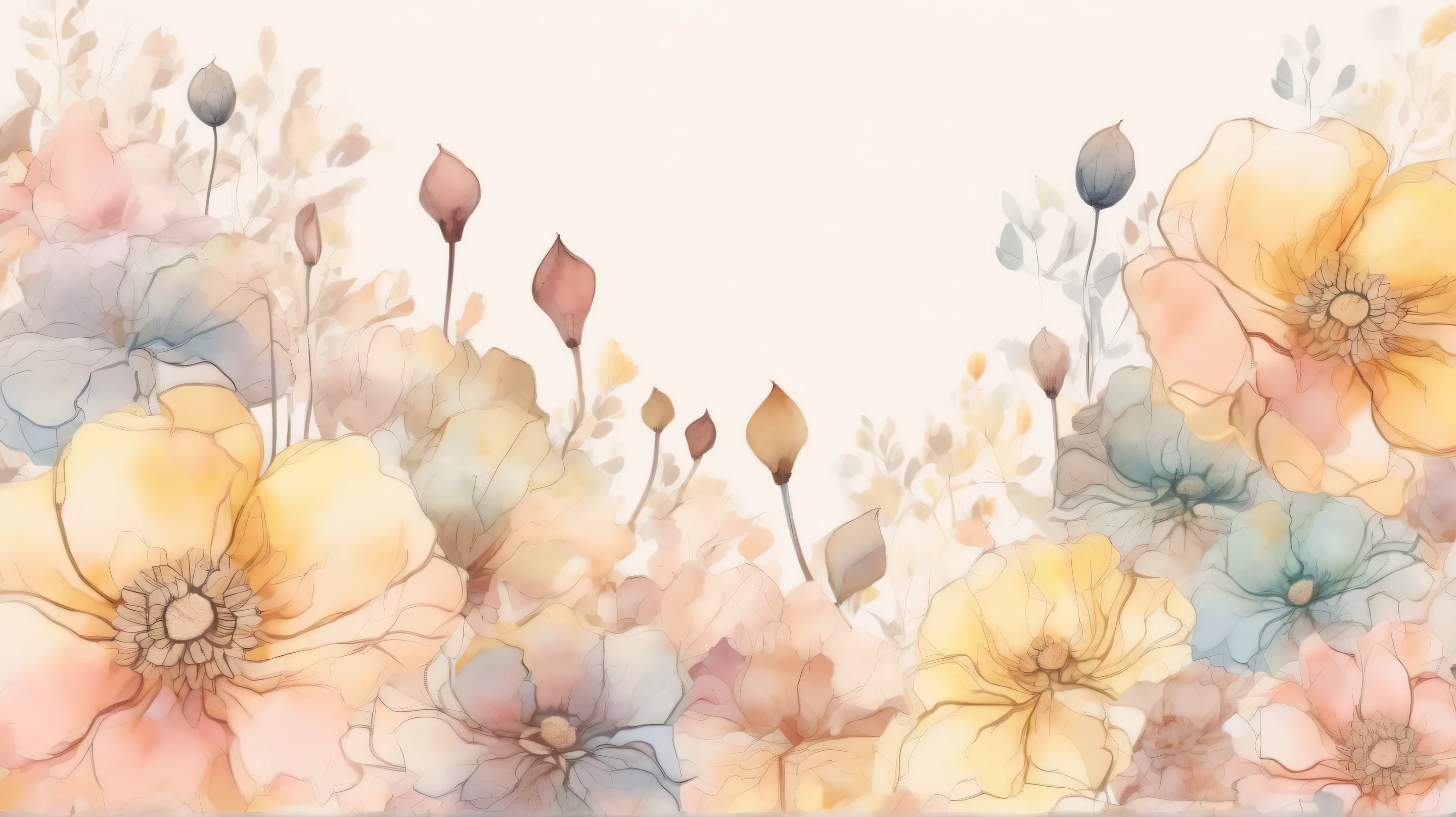 pale watercolor drauflower background 。only petals 。 no leaves or stems。Petals spread all over and 、The background is filled with petals。 with gentle pastel colors at the center 、 transparent light tones spread 。The background has a soft gradation 、brown、Yellow harmonizes 。 various sizes 、 bleeding outlines 。 with a soft and delicate atmosphere throughout 、 serene and dreamy art style。