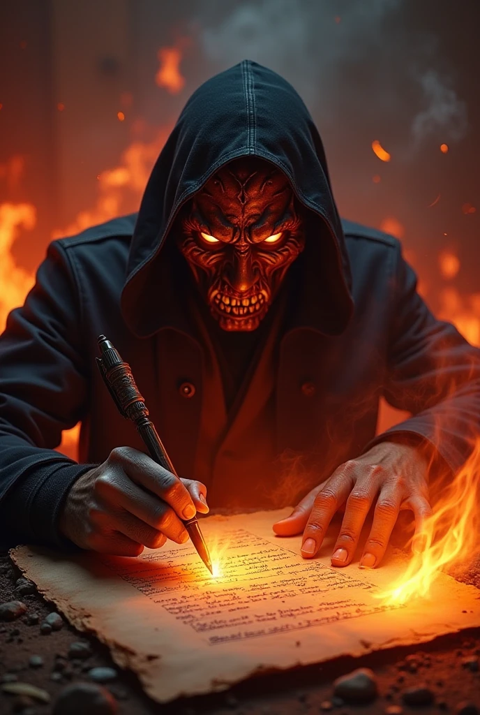 An image of Cesar Davila of terror writing a poem more terrifying as half skull and half human more terror with blood effects so that it seemed that he had a demon with red eyes and with the effect of a shadow that writes with a pen and in front of him there is a mirror and a flame effect around it and that he has some lenses that are looking down a little more realistic