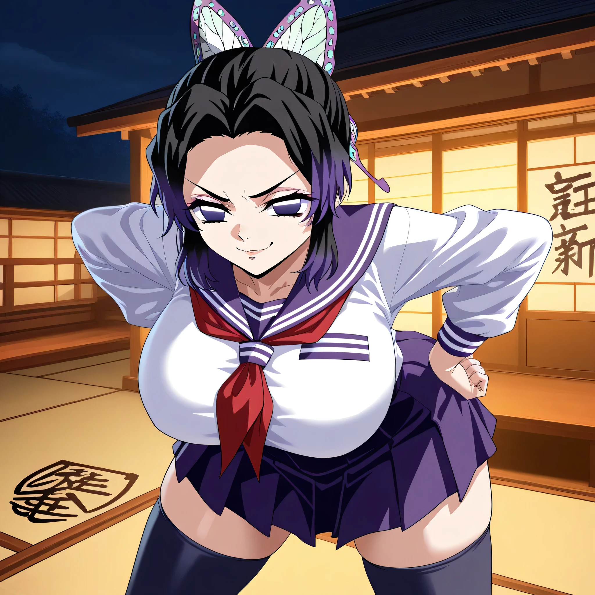 Kagami Hirotaka Art, Line drawing X style, face forward, in the Japanese house, night, ultra detailed Shinobu Kochou from kimetsu no yaiba , massive breasts, massive ultra detailed face, smug face, sailor suit, purple skirt, black stockings, ultra detailed palms, defeated, standing, piece sign, add detail,