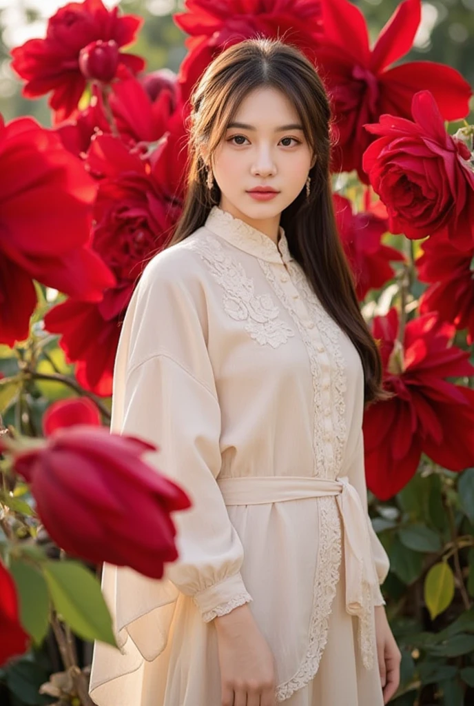  A serene and graceful scene featuring a young muslimah woman in an ethereal, light-colored outfit, perhaps in soft whites, creams, or pale pastels, that enhance her delicate and natural beauty. Her expression is calm, exuding a sense of tranquility as she stands gracefully amidst a giant white rose in full bloom. The rose’s petals, vibrant and deep crimson, surround her, creating a striking contrast to her soft attire and adding a dramatic and enchanting focal point to the scene. The flower’s exaggerated size enhances a surreal, almost dreamlike quality, as if she is part of an otherworldly garden. The lighting is soft and glowing, creating a warm, natural ambiance that enhances the vibrant red tones of the white rose and the delicate features of the woman. The overall composition feels serene, elegant, and filled with timeless beauty, capturing a sense of peace and a magical connection 