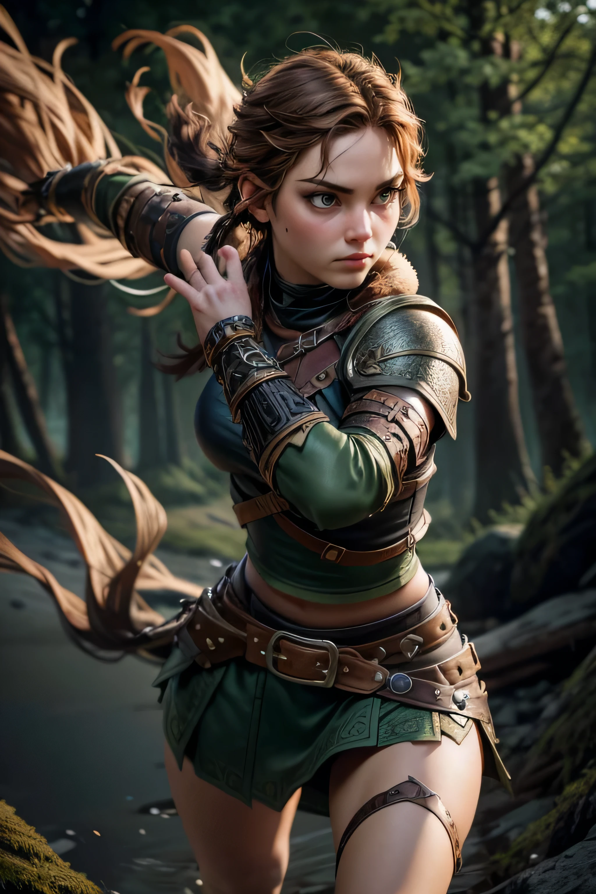 Young Viking woman , warrior, short brown hair, thick eyebrows, green eyes, leather armor, strappy leather top , fur skirt, fierce expression, heroic stance, looking at the camera , fierce expression, Combat stance, masterpiece , super detail, lyrics, Natural lighting, sharp focus, Epic character composition.