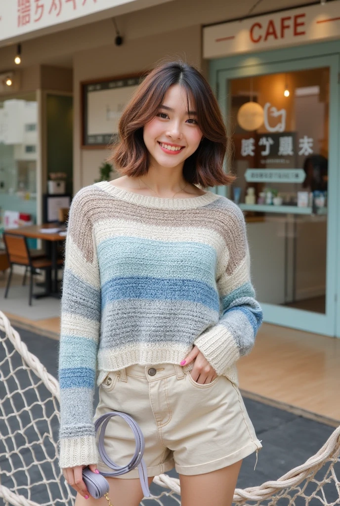 Young Asian woman, 20s,  wearing a loose-fitting, multicolored, striped, crochet knit sweater.  Stripes are light beige, light blue, and muted grayish-brown. The sweater is a relaxed fit, falling past her hips.  She is wearing light beige shorts underneath.  Her expression is happy and approachable, smiling slightly.  Her brown hair is shoulder-length and styled in a casual manner. She is holding a light grayish-purple handbag with a top handle.  She stands outdoors in front of a cafe, light beige-colored chairs are in the background.  The cafe exterior has glass doors and large signage.  The lighting is bright and natural, casting no harsh shadows.  The background includes a light beige storefront with signage.  A light beige chain-link fence is partially visible in the foreground. The overall aesthetic is casual, fashionable, and modern.  The color palette is muted and pastel, with emphasis on soft blues, beige, and light browns.  The perspective is a slightly low-angle shot of the woman, focusing on her from the waist up.  The camera angle is straight-on.  The style could be categorized as  modern street style, casual fashion, or trendy. The overall mood is pleasant and inviting.