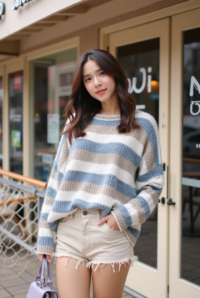 Young Asian woman, 20s,  wearing a loose-fitting, multicolored, striped, crochet knit sweater.  Stripes are light beige, light blue, and muted grayish-brown. The sweater is a relaxed fit, falling past her hips.  She is wearing light beige shorts underneath.  Her expression is happy and approachable, smiling slightly.  Her brown hair is shoulder-length and styled in a casual manner. She is holding a light grayish-purple handbag with a top handle.  She stands outdoors in front of a cafe, light beige-colored chairs are in the background.  The cafe exterior has glass doors and large signage.  The lighting is bright and natural, casting no harsh shadows.  The background includes a light beige storefront with signage.  A light beige chain-link fence is partially visible in the foreground. The overall aesthetic is casual, fashionable, and modern.  The color palette is muted and pastel, with emphasis on soft blues, beige, and light browns.  The perspective is a slightly low-angle shot of the woman, focusing on her from the waist up.  The camera angle is straight-on.  The style could be categorized as  modern street style, casual fashion, or trendy. The overall mood is pleasant and inviting.