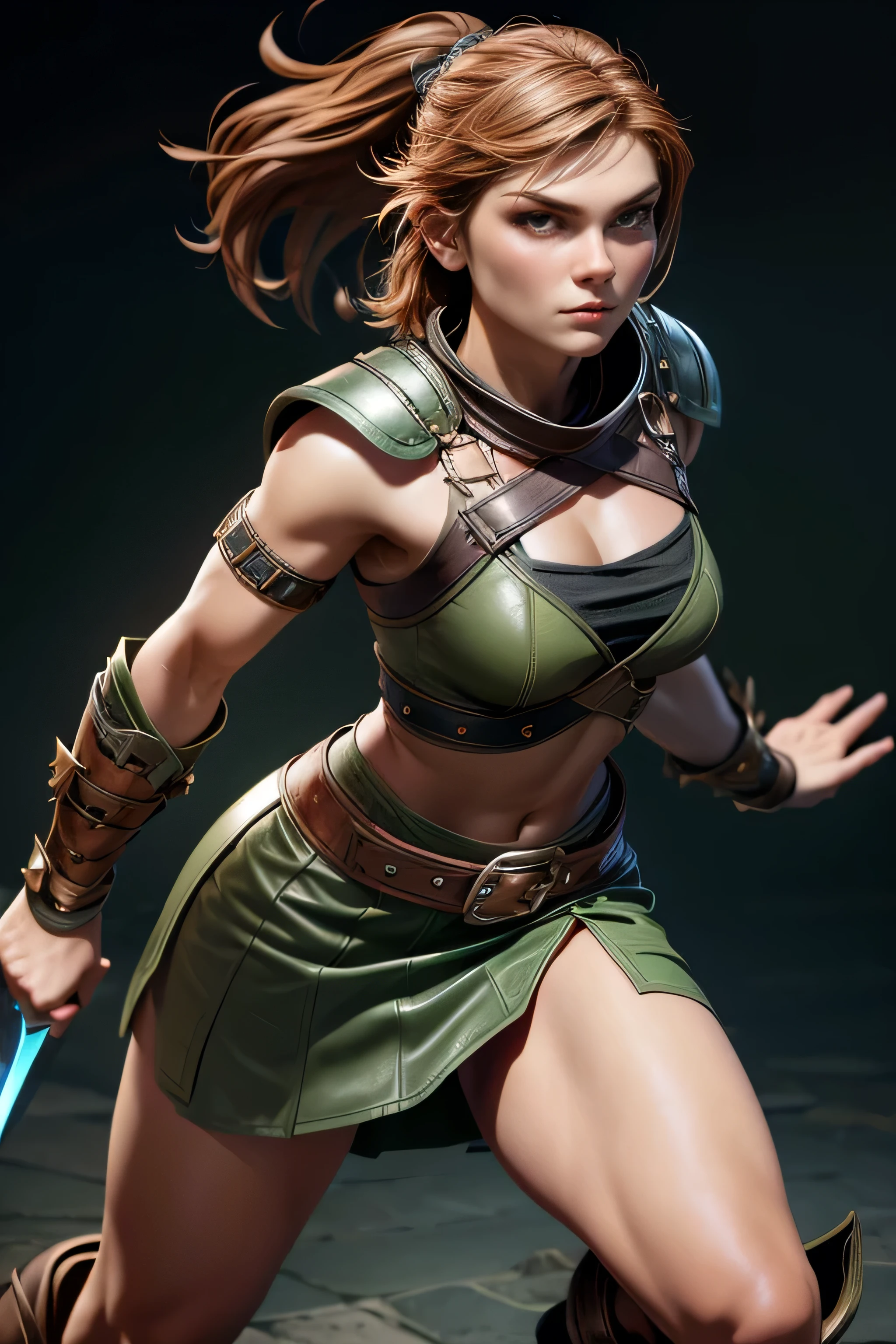Young Viking woman , warrior, short brown hair, thick eyebrows, green eyes, leather armor, strappy leather top , fur skirt, fierce expression, heroic stance, looking at the camera , fierce expression, Combat stance, masterpiece , super detail, lyrics, Natural lighting, sharp focus, Epic character composition.