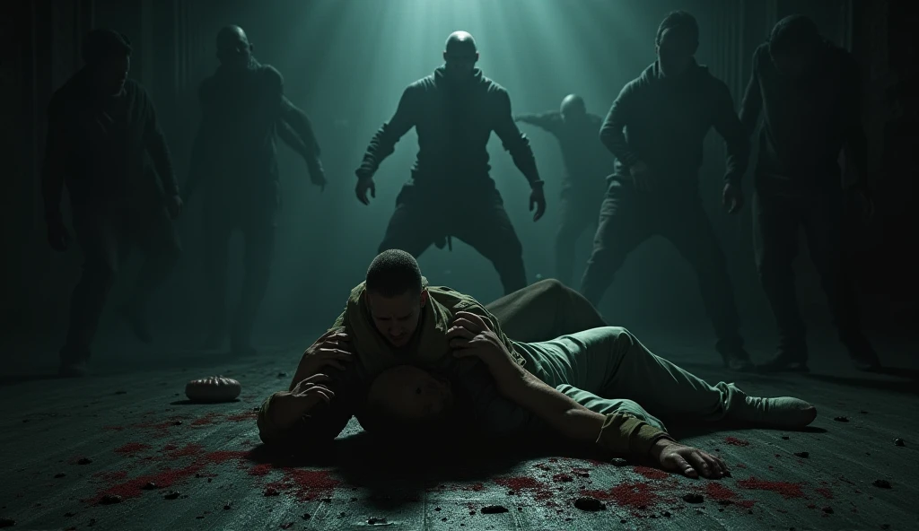 A dark-haired man with curly hair, his hands bloody, stands in fear on a pile of dead bodies..