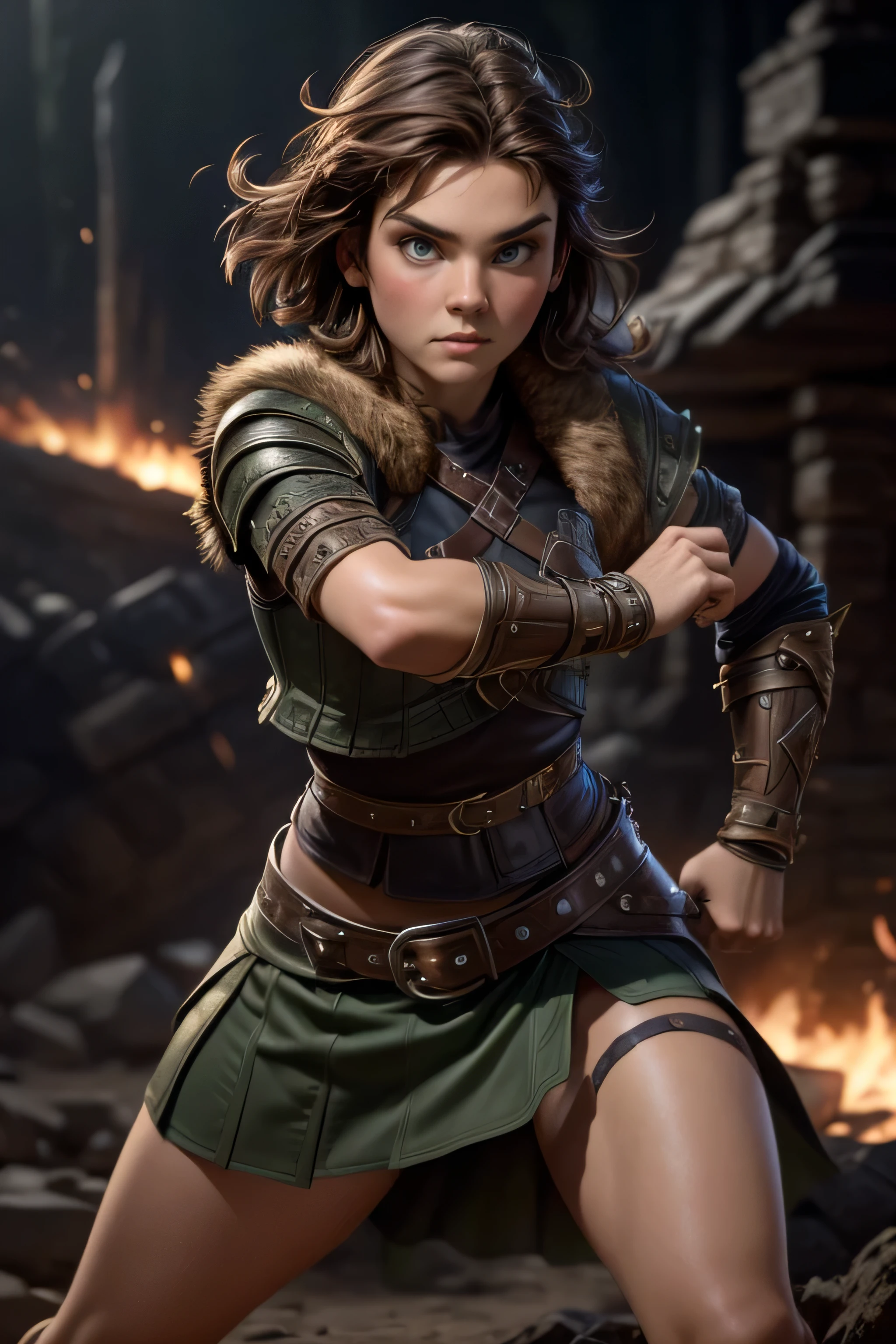  Young Viking woman , warrior, short brown hair, thick eyebrows,  green eyes, brown leather armor,  strappy leather top , fur skirt, fierce expression, heroic stance,  looking at the camera , fierce expression, Combat stance,  masterpiece , super detail,  lyrics,  Natural lighting,  sharp focus, Epic character composition.